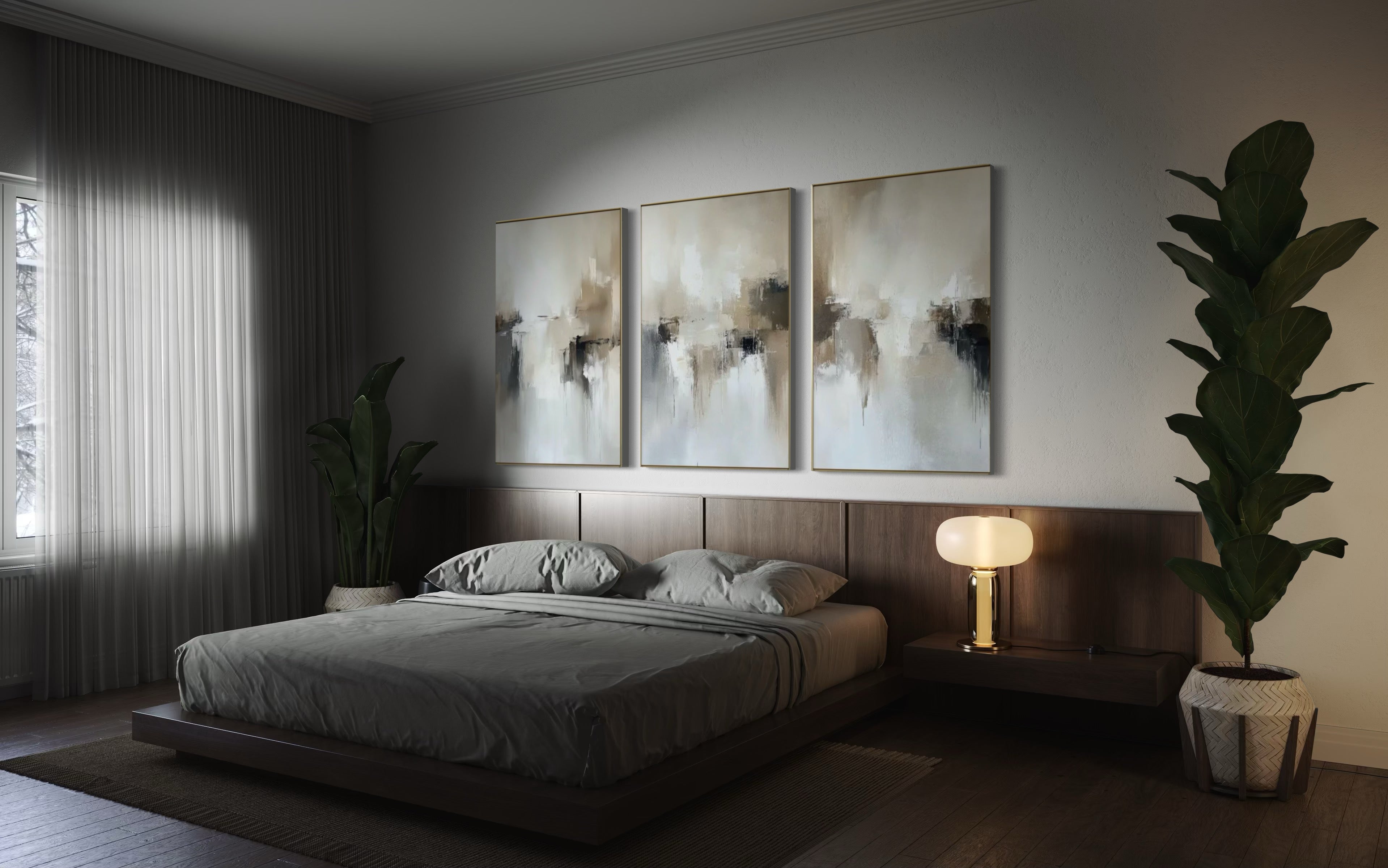 Set Cuadros Decorativos Abstracto Negro Arena 2 - 201 - Triptico Estilo Nordico Arte Moderno en Tonos Neutros