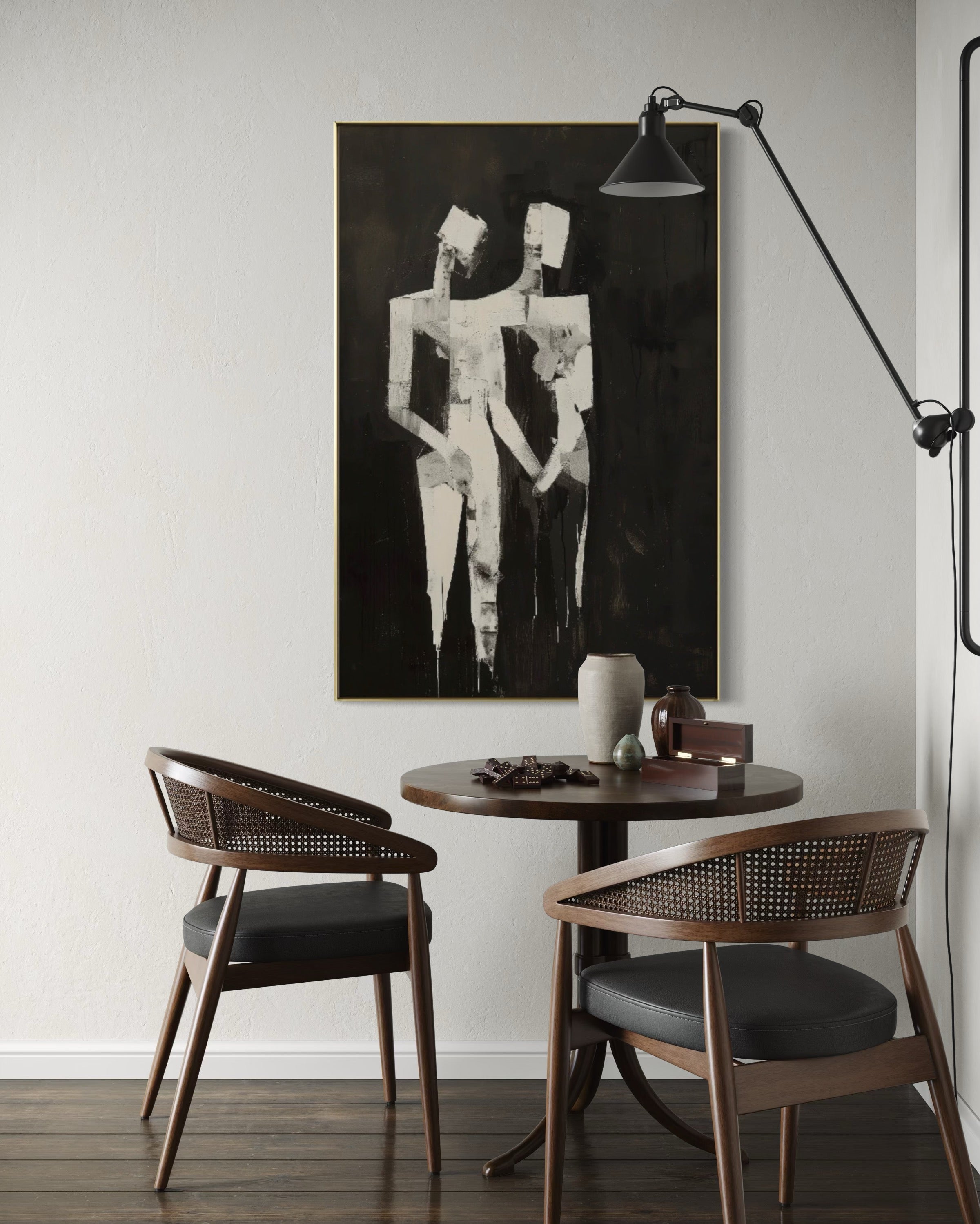 Cuadro Decorativo Abstracto Negro Arena 2-224 Siluetas de Pareja Arte Moderno y Minimalista en Beige y Negro Tonos Neutros