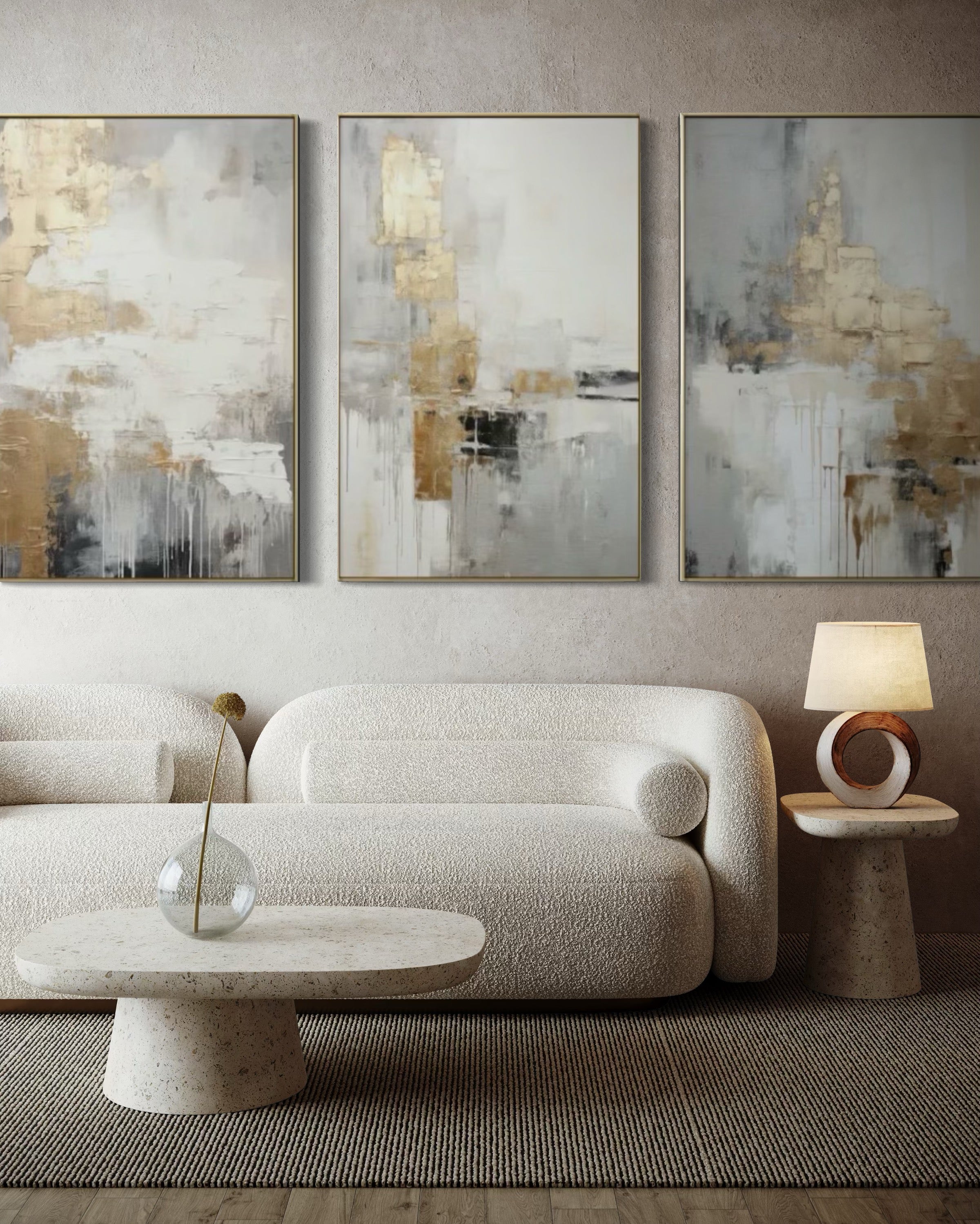 Set Cuadros Decorativos Abstracto Negro Arena 2-271 -Triptico  Moderno y Elegante en Tonos Negro, Gris, Beige y Dorado Oro