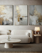 Cargar imagen en el visor de la galería, Set Cuadros Decorativos Abstracto Negro Arena 2-271 -Triptico  Moderno y Elegante en Tonos Negro, Gris, Beige y Dorado Oro
