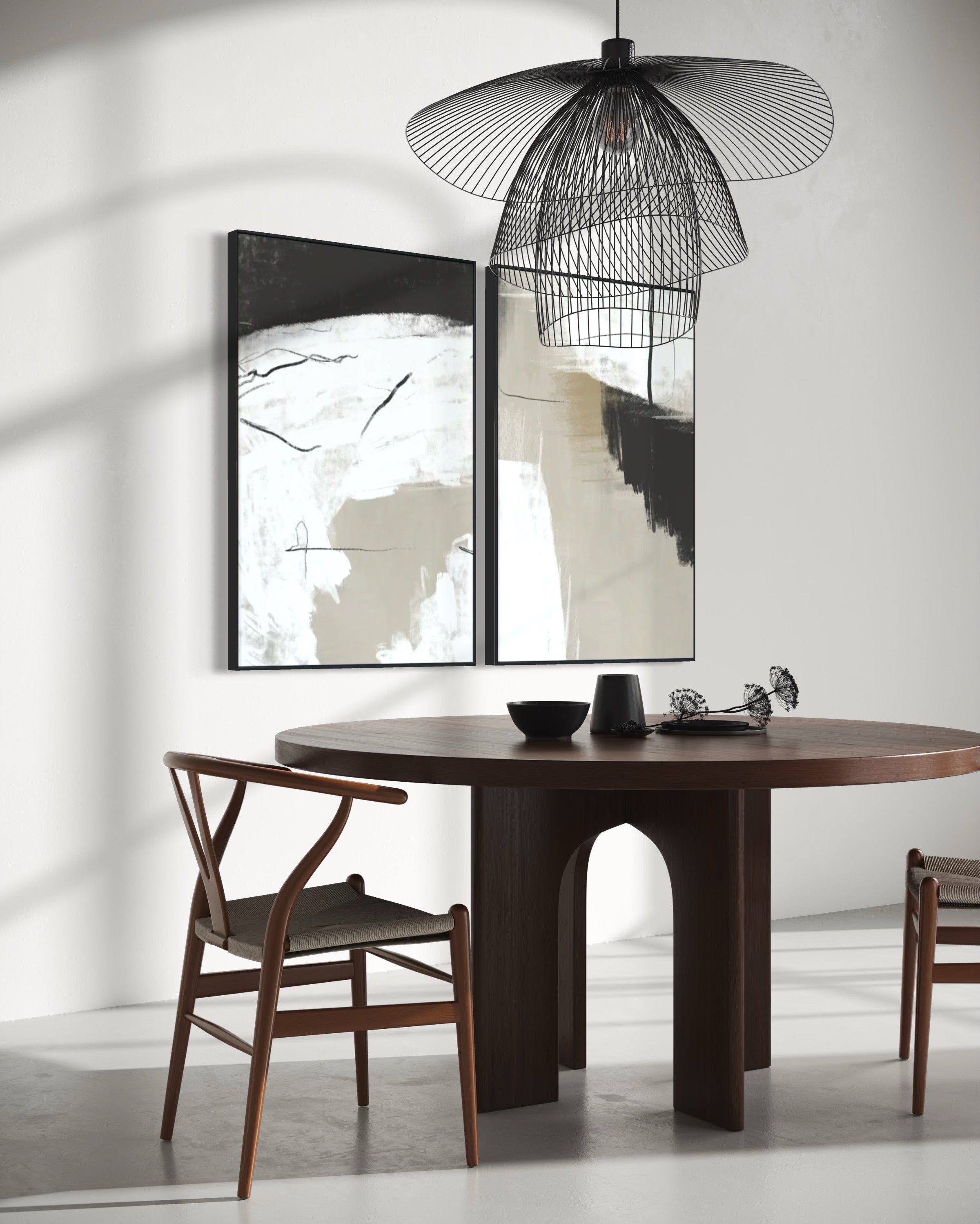 Set Cuadros Decorativos Abstracto Negro Arena  2 - 243 - Diptico Moderno Estilo Nordico Tonos Neutros