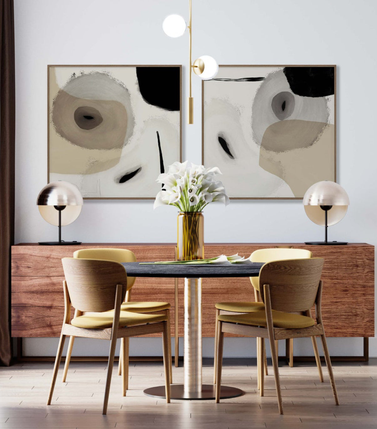 Set Cuadros Decorativos Abstracto Negro Arena 2-234 - Diptico Moderno y Elegante Estilo Nordico en Beige y Negro Tonos Neutros