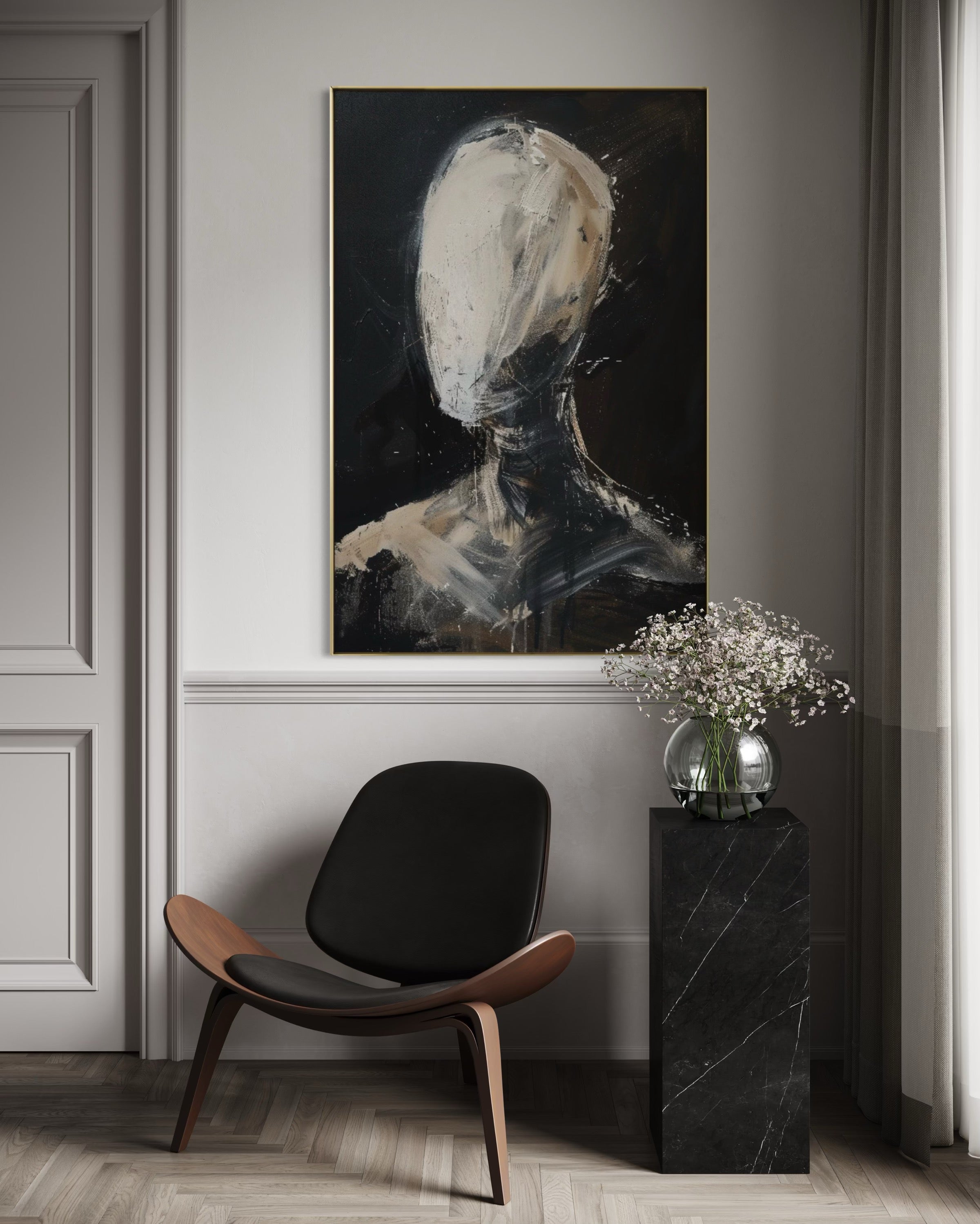 Cuadro Decorativo Abstracto Negro Arena 2-219 Rostro Moderno Arte Minimalista Cara en Beige y Negro Tonos Neutros