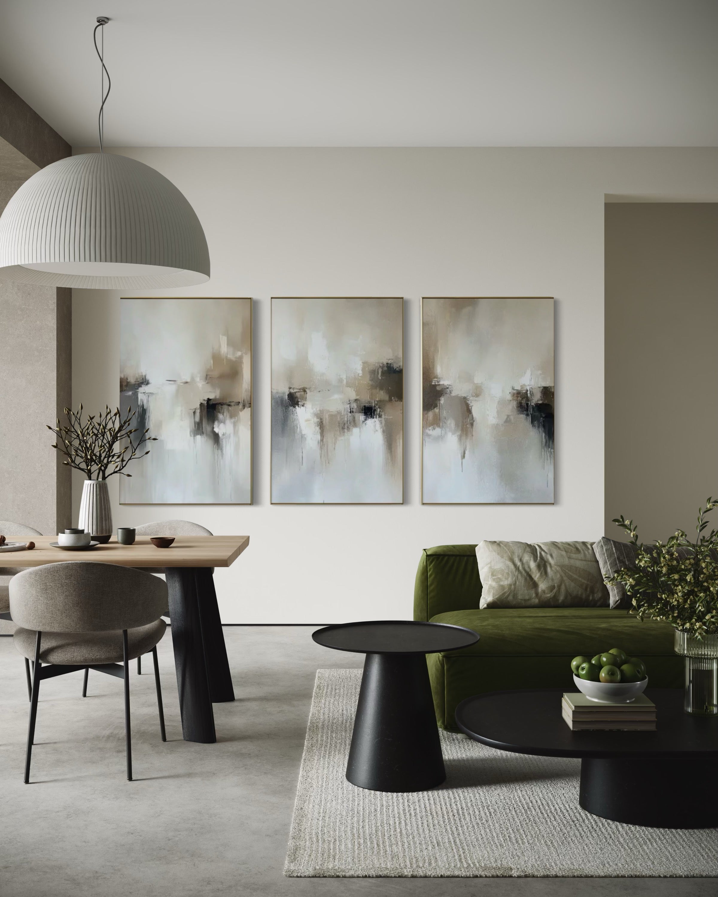 Set Cuadros Decorativos Abstracto Negro Arena 2 - 201 - Triptico Estilo Nordico Arte Moderno en Tonos Neutros