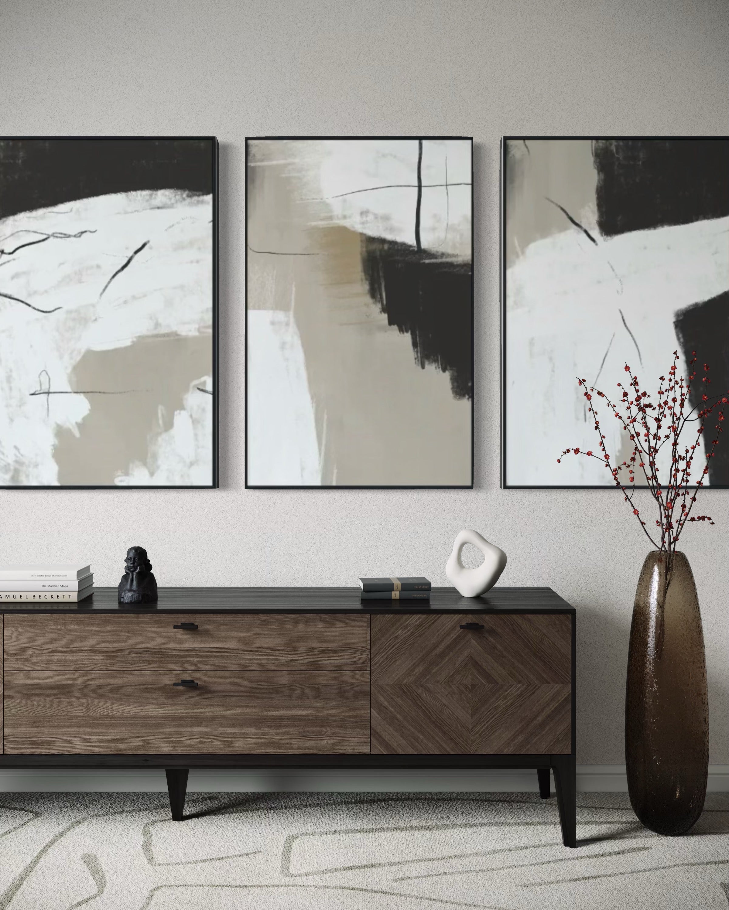 Set Cuadros Decorativos Abstracto Negro Arena 2 - 243 - Triptico Moderno y Elegante Estilo Nordico Boho Tonos Neutros