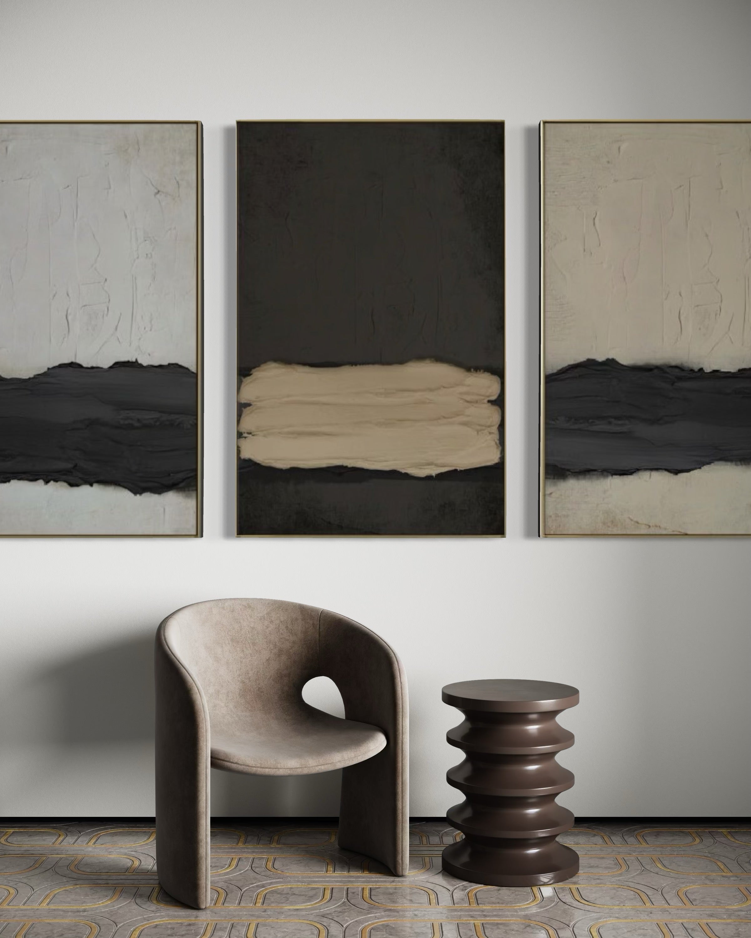 Set Cuadros Decorativos Abstracto Negro Arena 2 - 241 - Triptico Moderno y Elegante Arte Minimalista Estilo Nordico Tonos Neutros