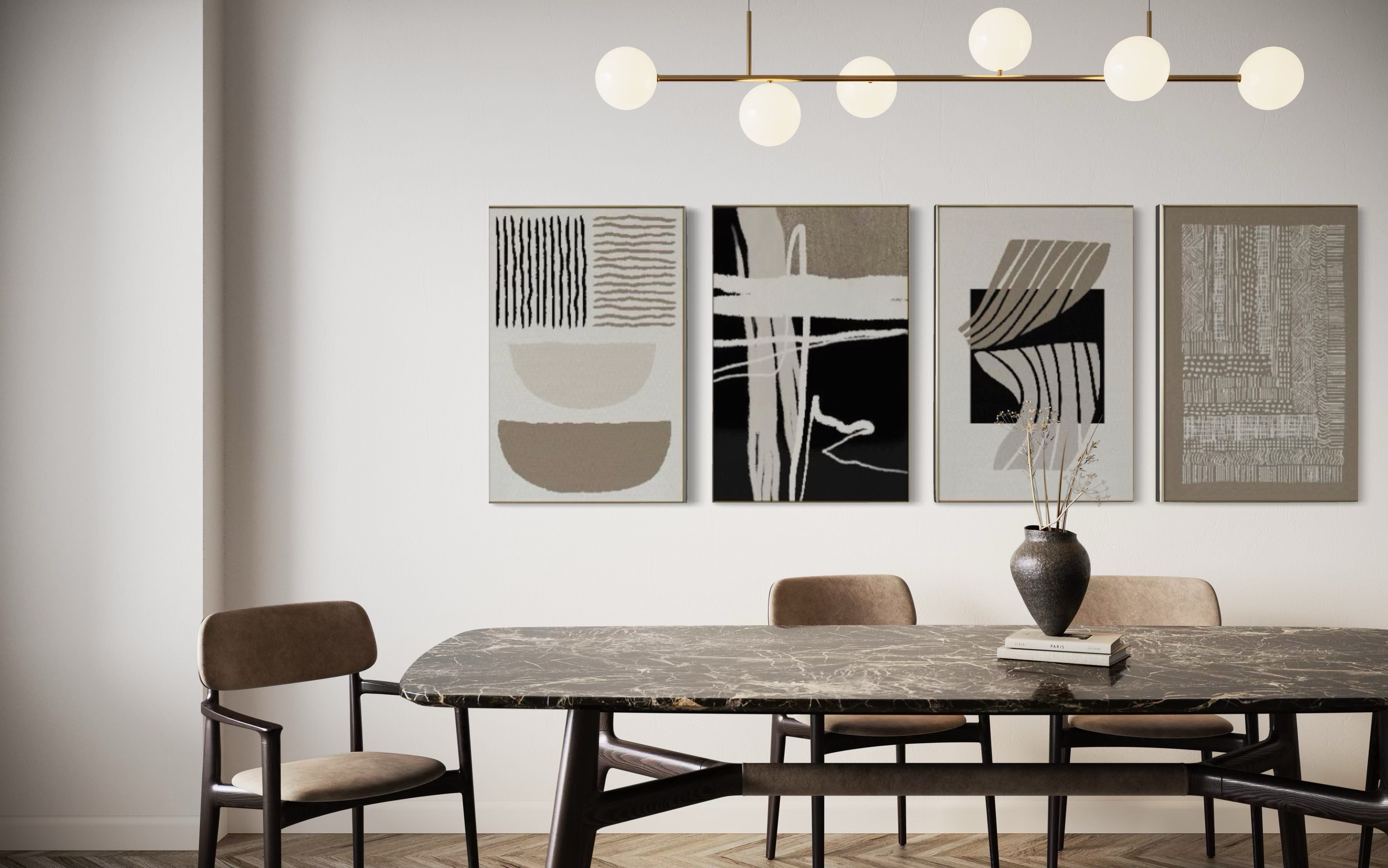 Set Cuadros Decorativos Abstracto Negro Arena 2 - 218 C - 4piezas Arte Moderno y Minimalista Estilo Boho Nordico Tonos Neutros