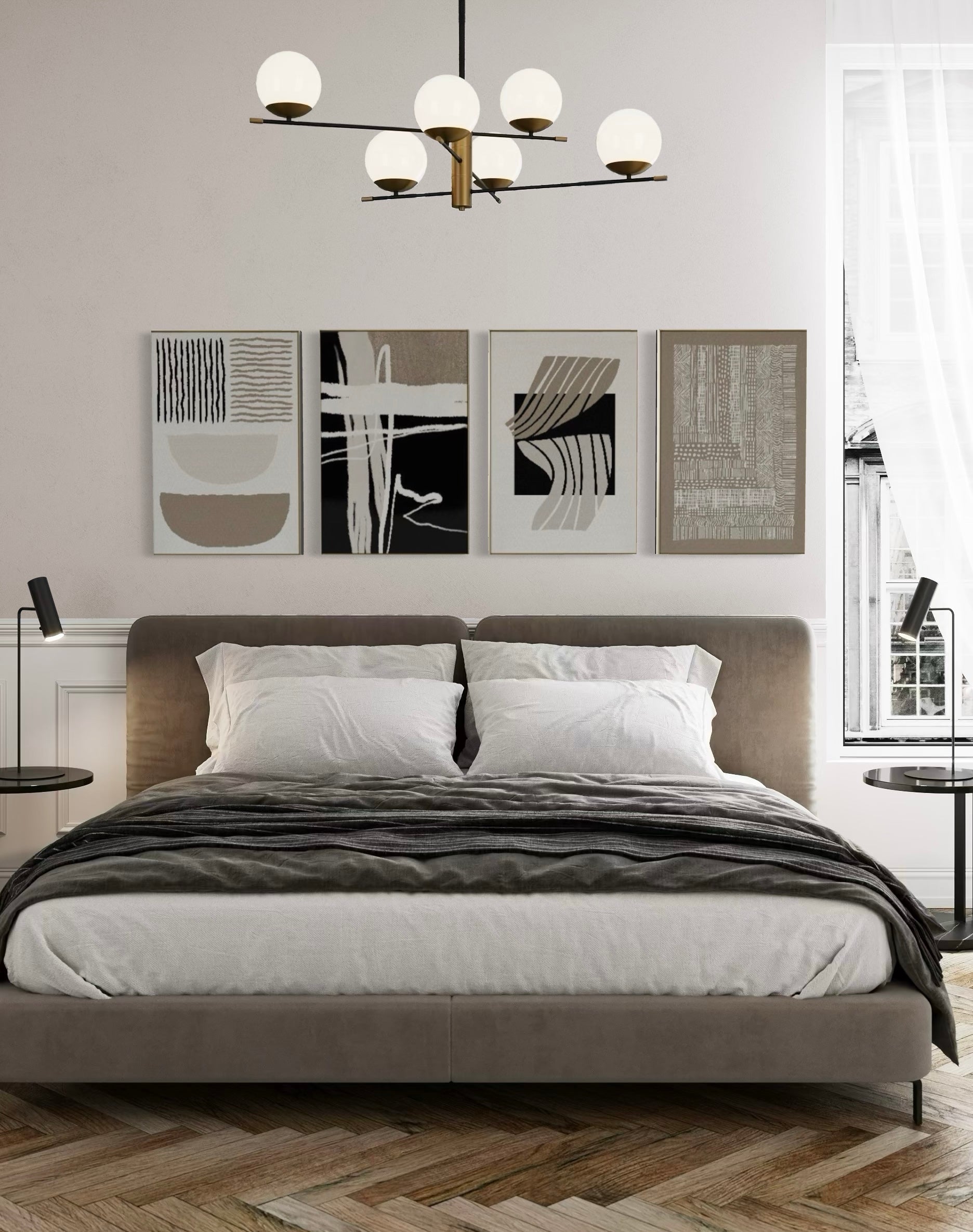 Set Cuadros Decorativos Abstracto Negro Arena 2 - 218 C - 4piezas Arte Moderno y Minimalista Estilo Boho Nordico Tonos Neutros