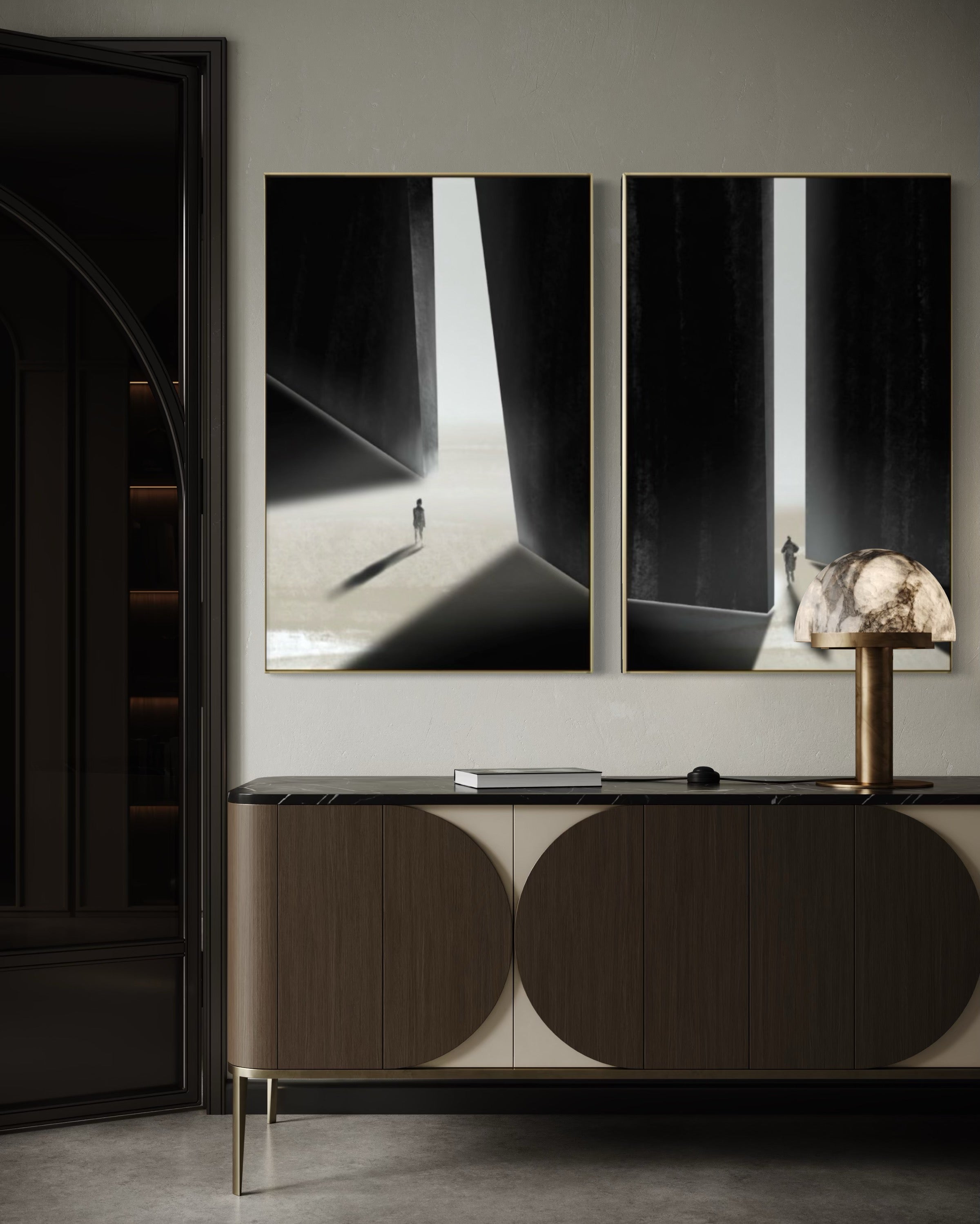 Set Cuadros Decorativos Abstracto Negro Arena 2 - 237 - Diptico Siluetas Humanas Arte Moderno Minimalista Puertas Estilo Nordico Tonos Neutros