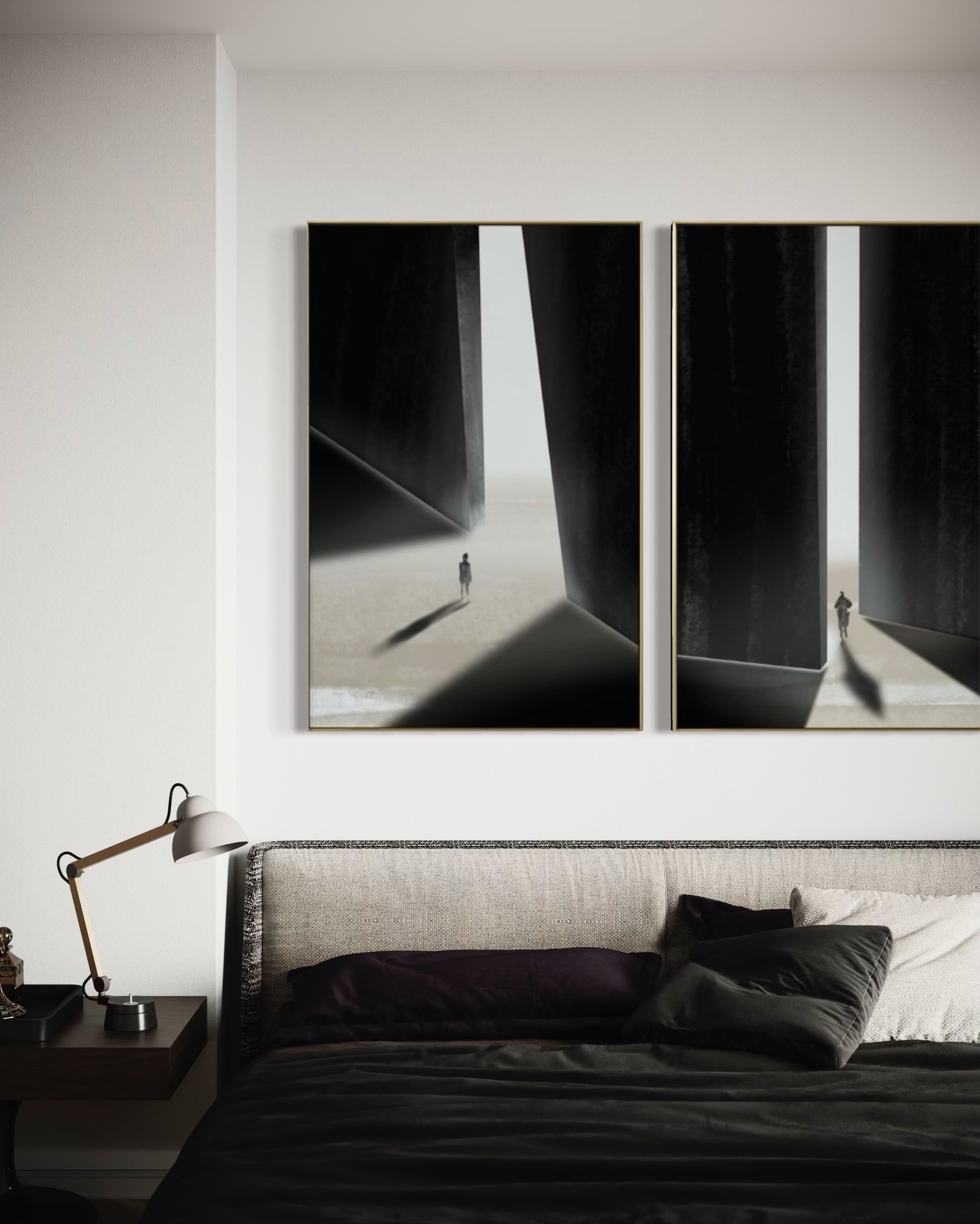 Set Cuadros Decorativos Abstracto Negro Arena 2 - 237 - Diptico Siluetas Humanas Arte Moderno Minimalista Puertas Estilo Nordico Tonos Neutros