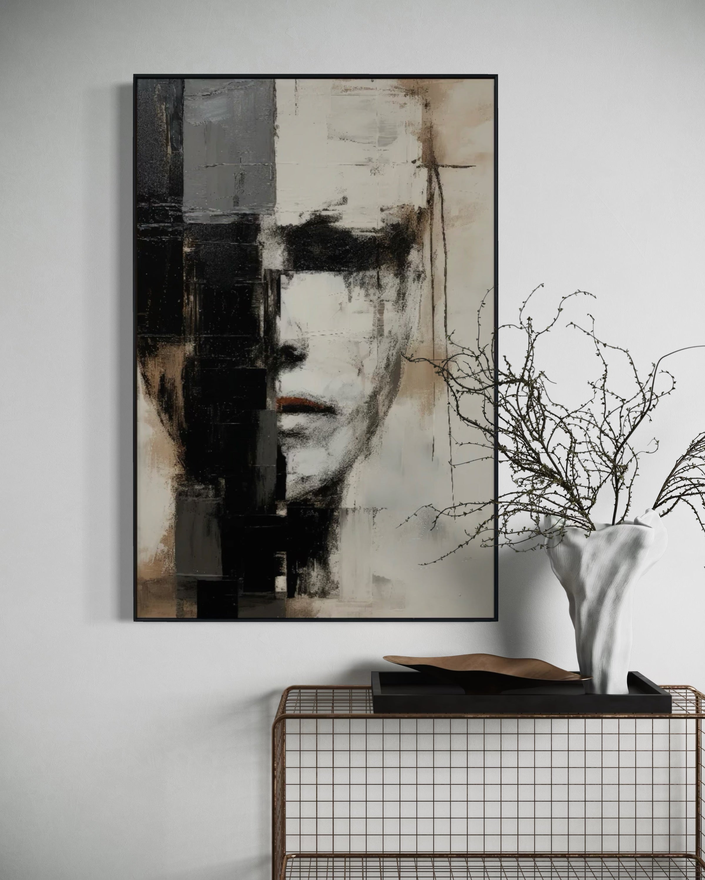 Cuadro Decorativo Abstracto Negro Arena 2-205 Rostro Estilo Nordico Cara Moderna en Tonos Neutros