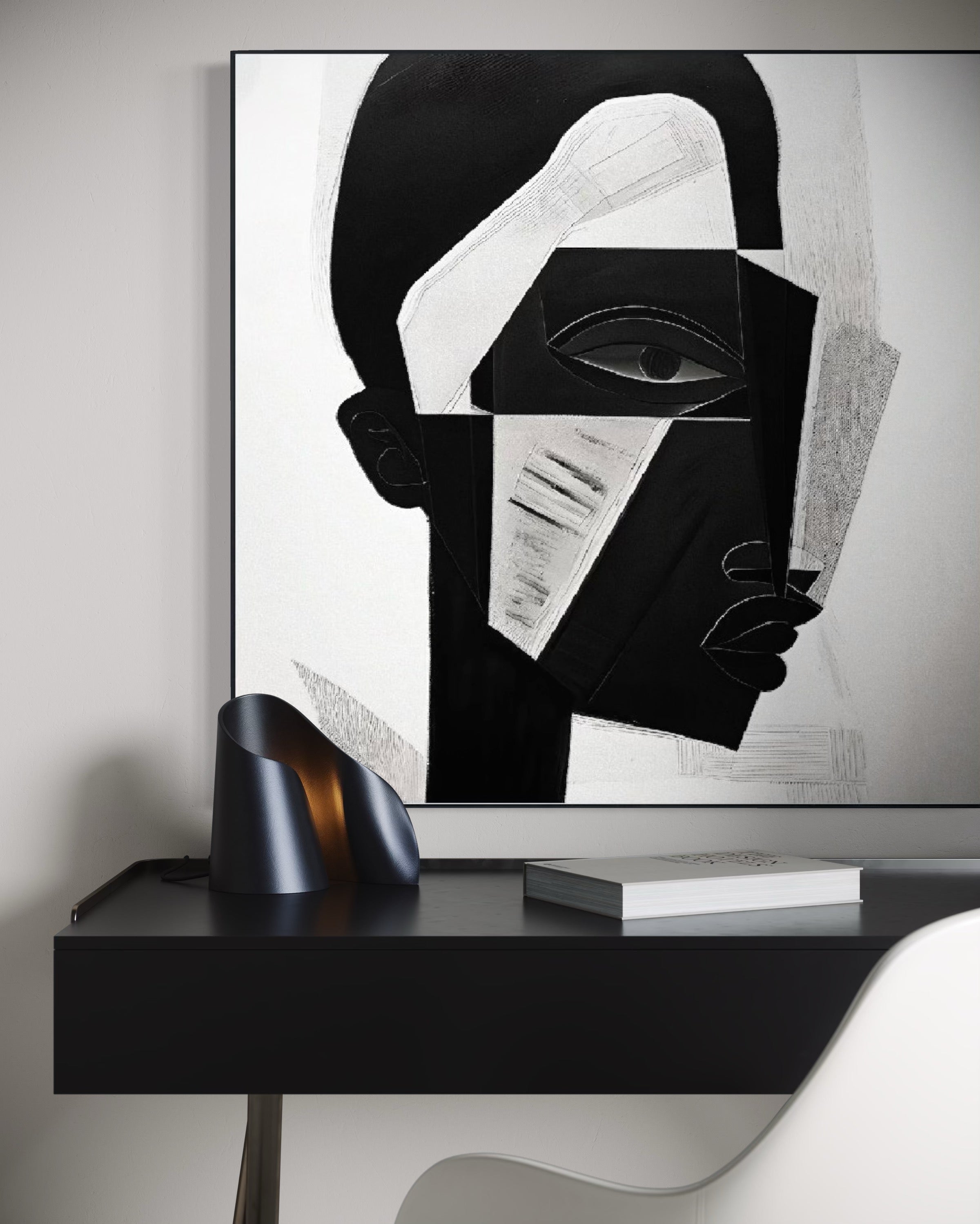 Cuadro Decorativo Abstracto Negro Arena 2-228 Rostro Moderno Cubismo Estilo Nordico Arte Minimalista