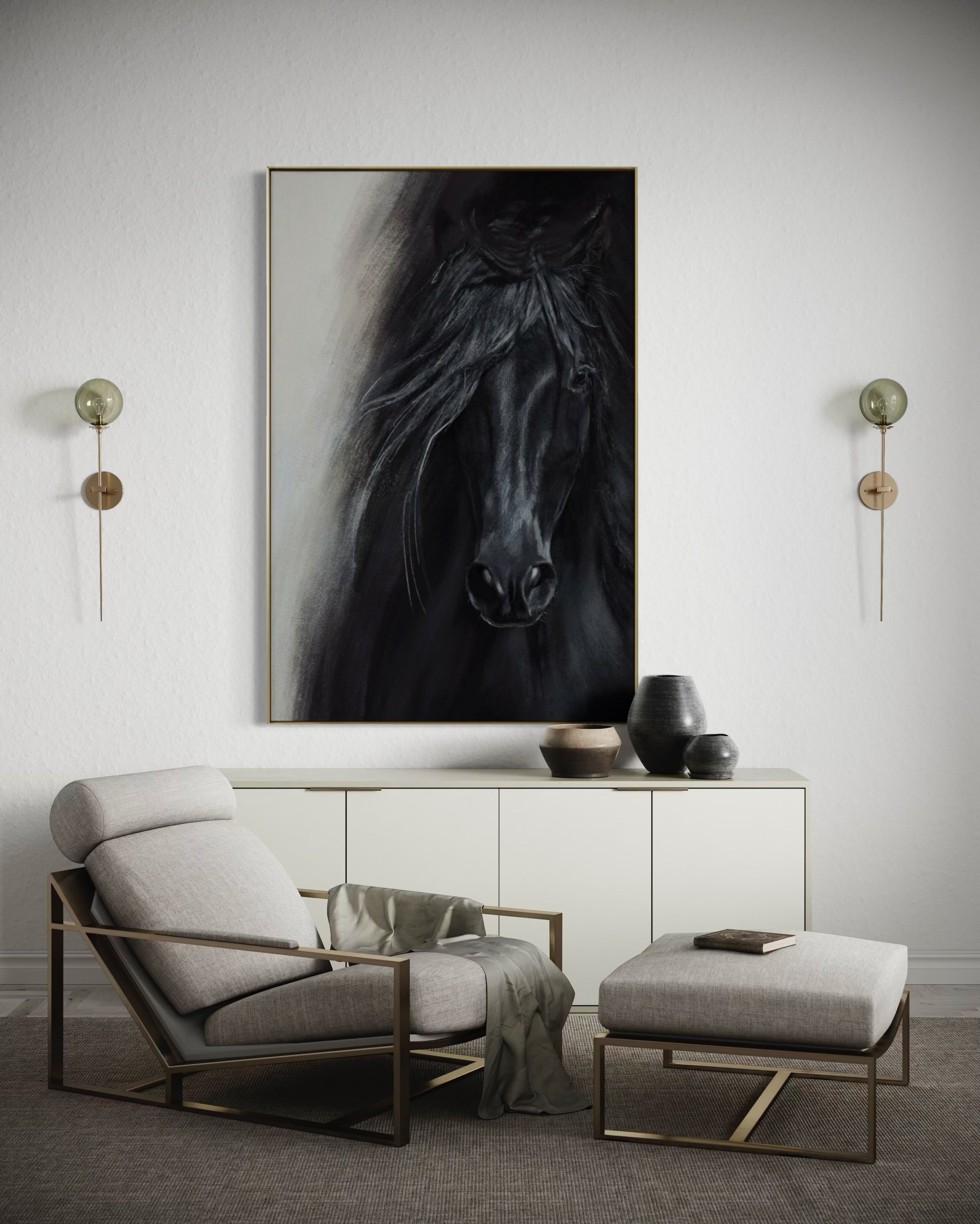 Cuadro Decorativo Abstracto Negro Arena 2-262 - Caballo Negro Arte Moderno Estilo Boho en tonos Neutros
