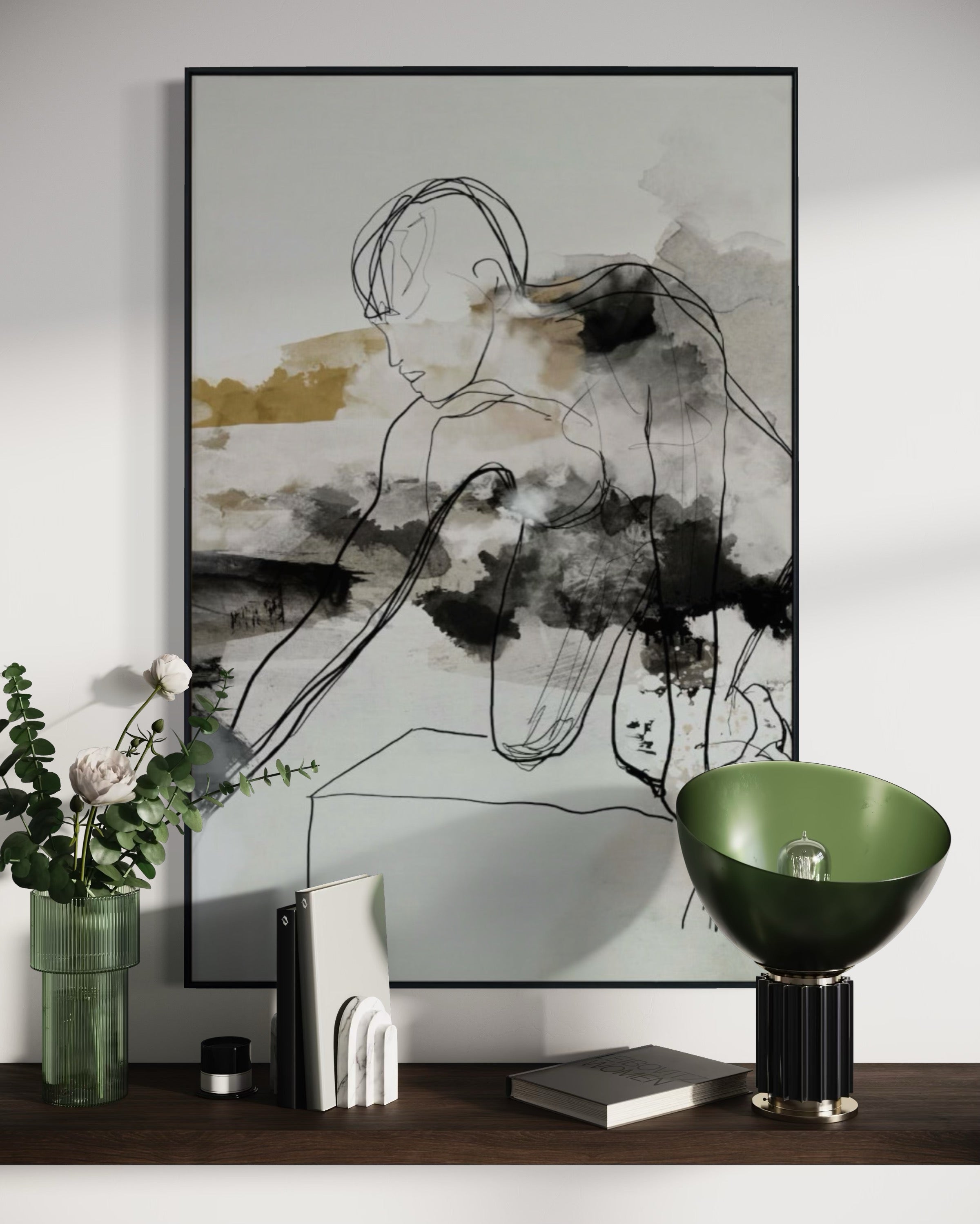 Cuadro Decorativo Abstracto Negro Arena 2-235 Silueta Humana Arte Lineal Moderno y Minimalista Tonos Neutros