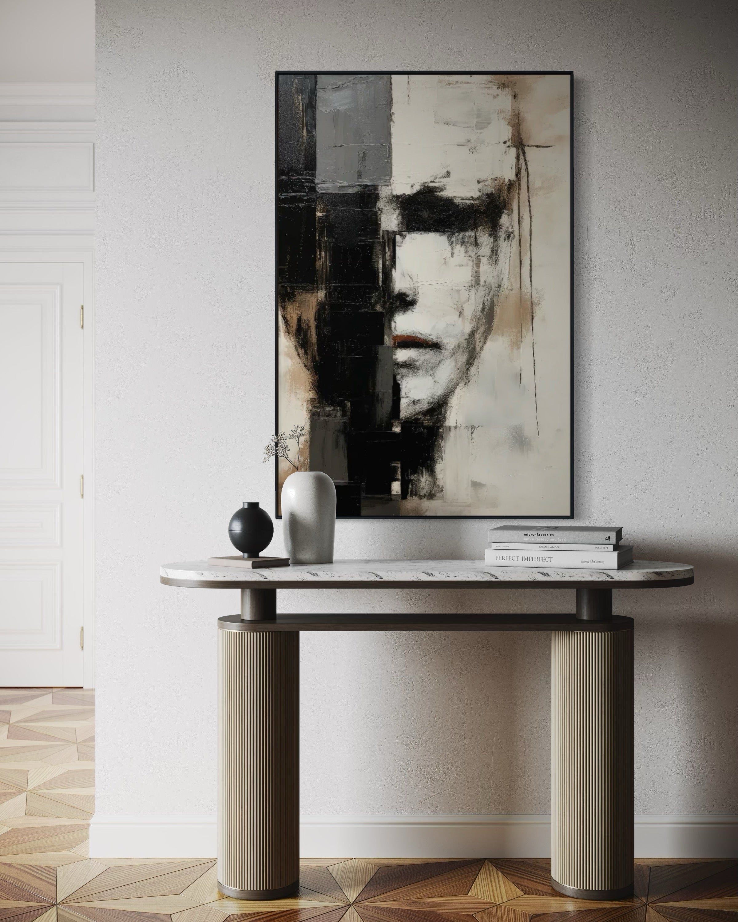 Cuadro Decorativo Abstracto Negro Arena 2-205 Rostro Estilo Nordico Cara Moderna en Tonos Neutros