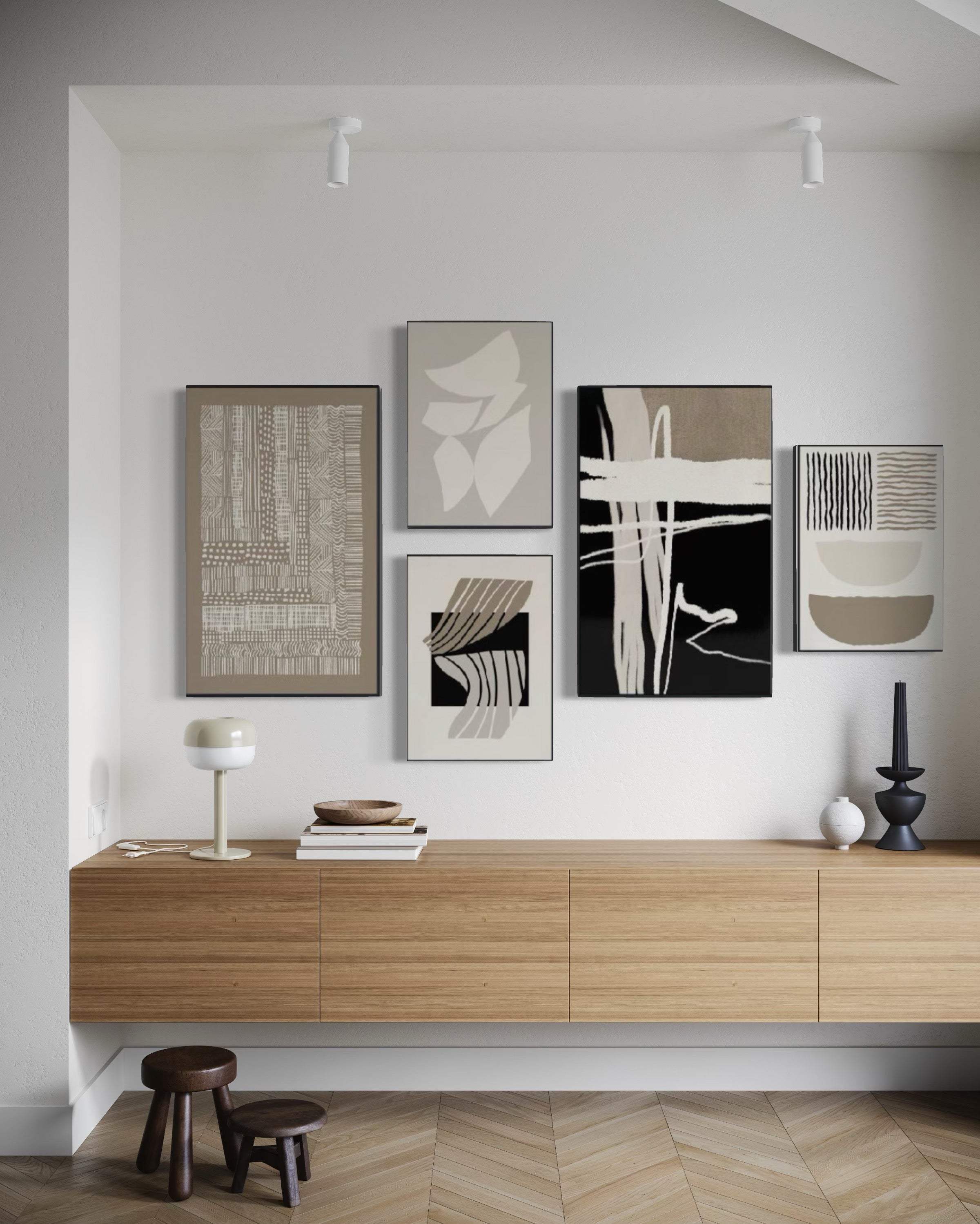 Set Cuadros Decorativos Abstracto Negro Arena 2 - 218A - 5piezas Minimalistas Arte Moderno Estilo Nordico en Tonos Neutros