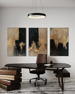 Cargar imagen en el visor de la galería, Set Cuadros Decorativos Abstracto Negro Arena 2-275- Triptico Moderno y Elegante en Negro, Beige y Dorado Oro
