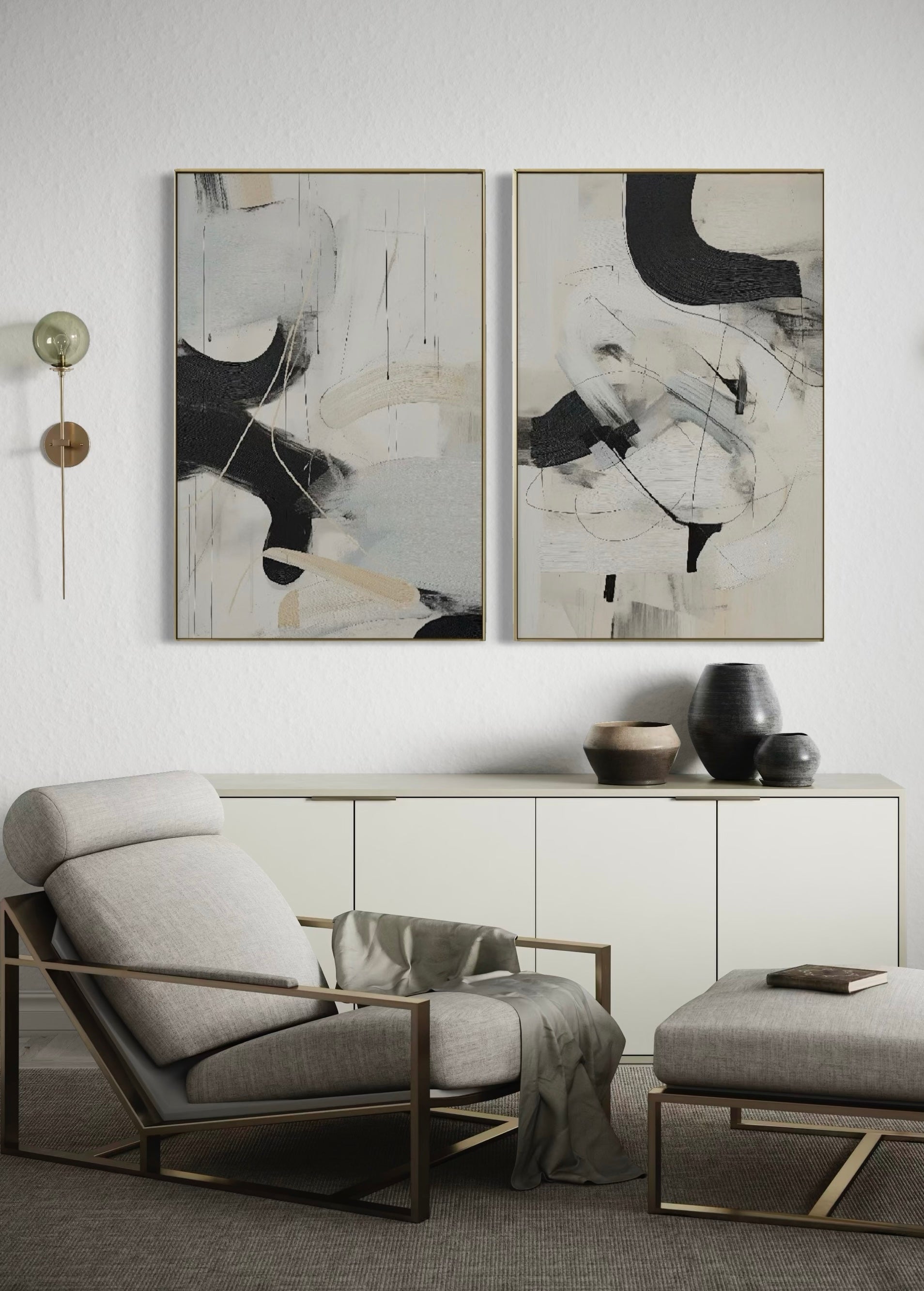 Set Cuadros Decorativos Abstracto Negro Arena 2 - 221 - Diptico Moderno Arte Minimalista Estilo Nordico Tonos Neutros