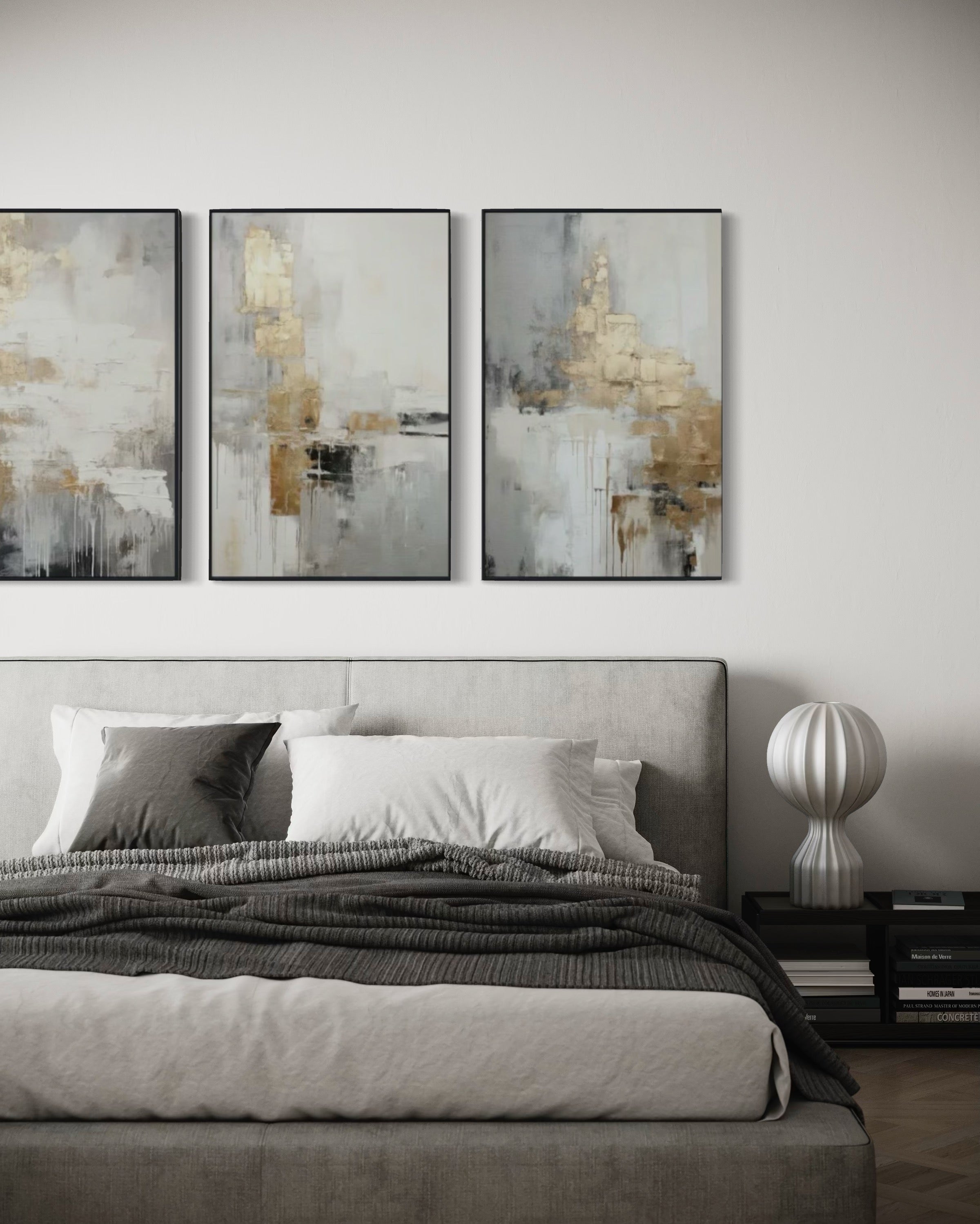 Set Cuadros Decorativos Abstracto Negro Arena 2-271 -Triptico  Moderno y Elegante en Tonos Negro, Gris, Beige y Dorado Oro