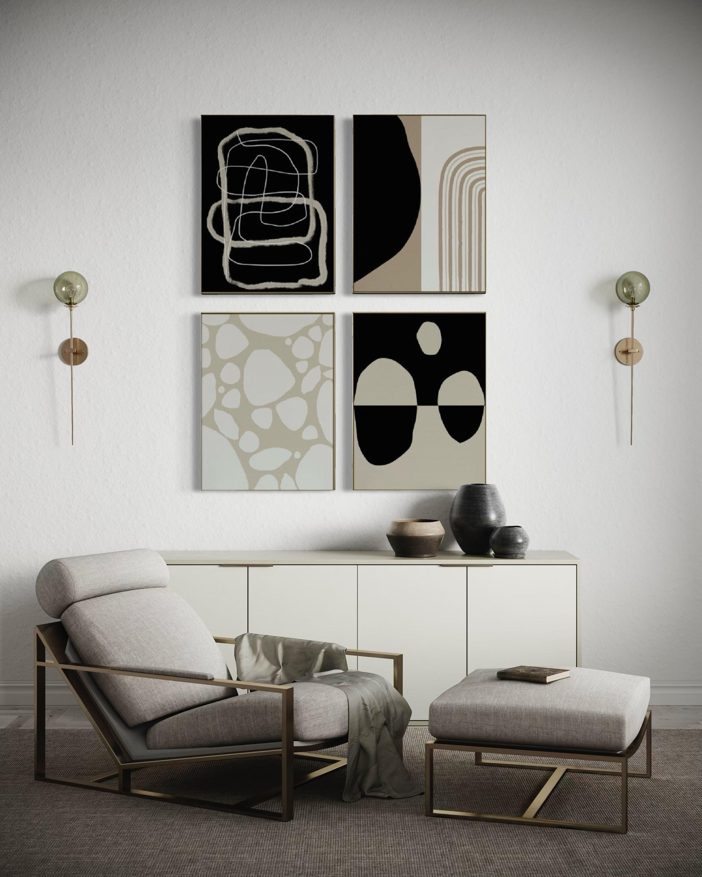 Set Cuadros Decorativos Abstracto Negro Arena 2 - 230 C - 4piezas Arte Moderno y Minimalista Estilo Boho Nordico Tonos Neutros