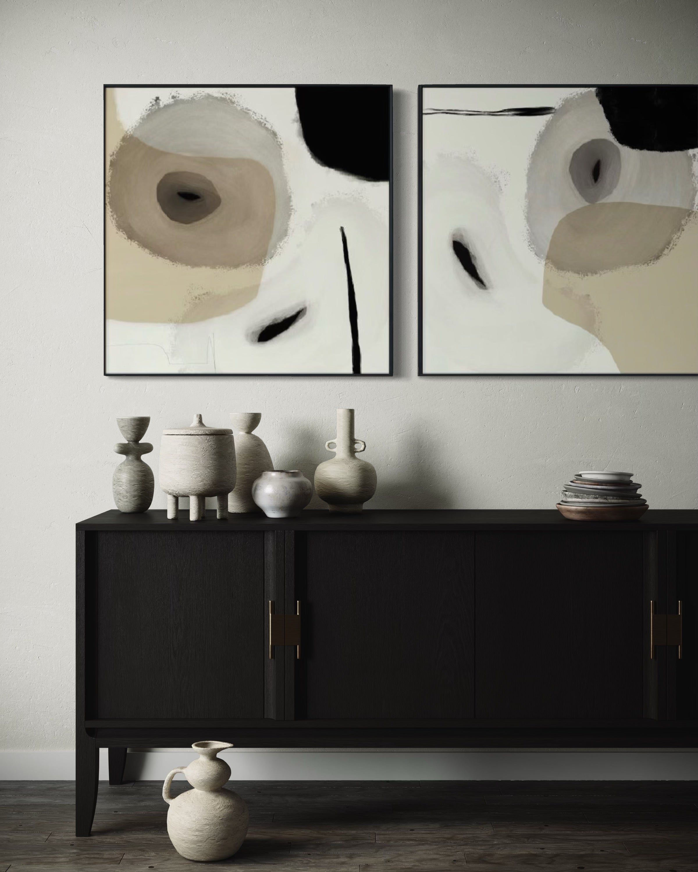 Set Cuadros Decorativos Abstracto Negro Arena 2-234 - Diptico Moderno y Elegante Estilo Nordico en Beige y Negro Tonos Neutros