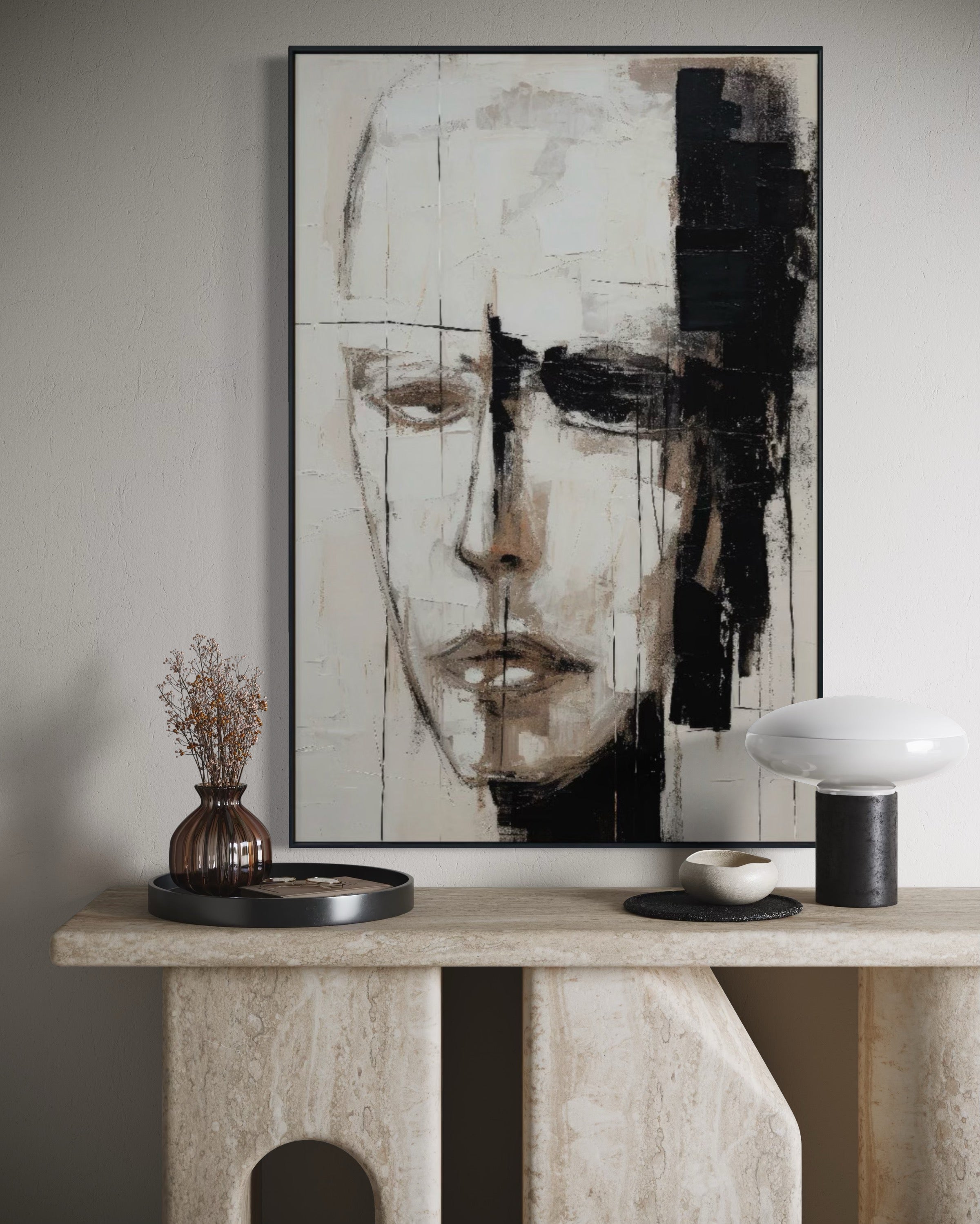 Cuadro Decorativo Abstracto Negro Arena 2-220 Cara Estilo Nordico Arte Moderno Rostro en Tonos Neutros