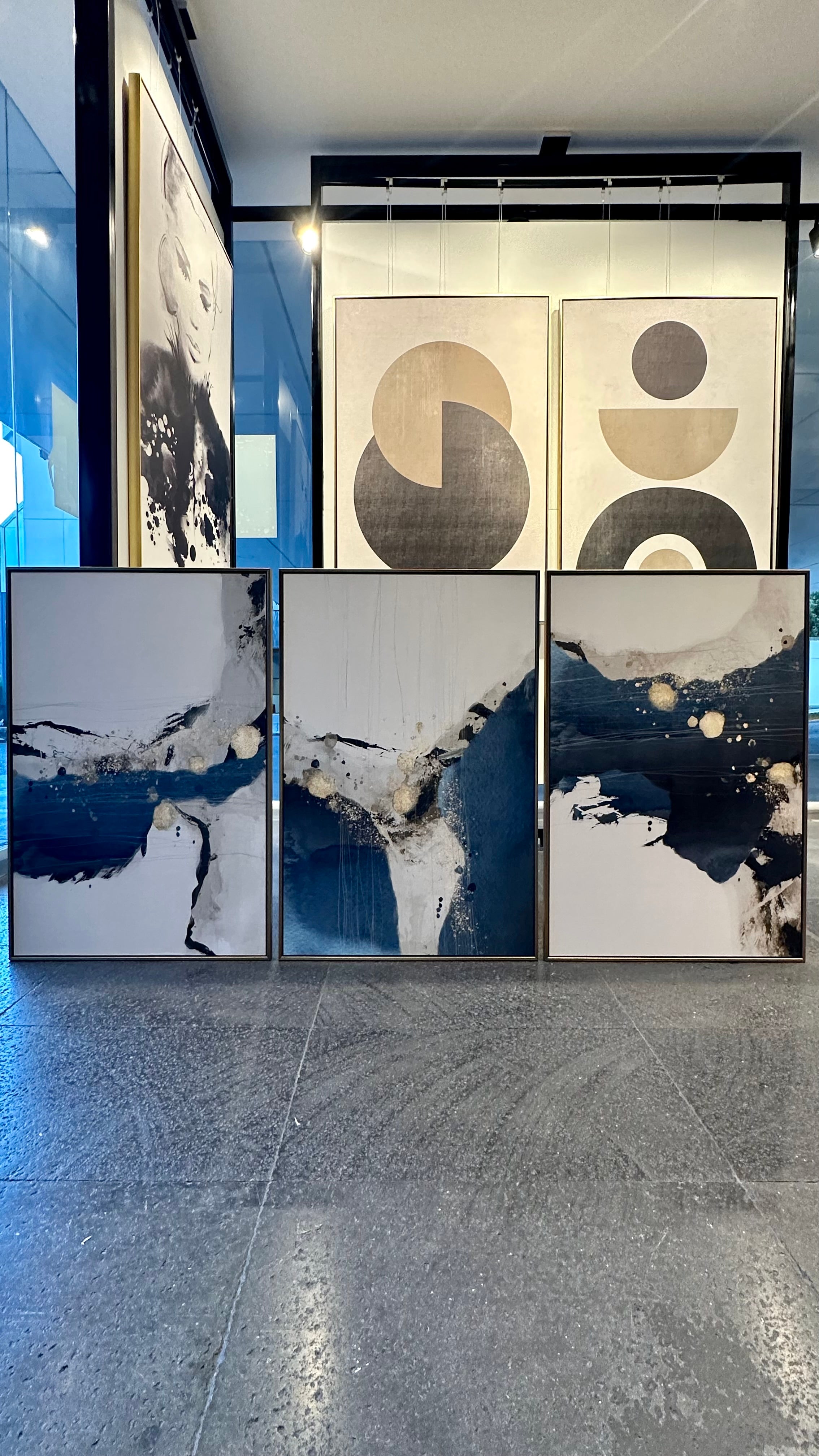 Set de 3 Cuadros Decorativos Abstract Colors 3 - 308 - Arte Moderno y Elegante en Tono Azul, Beige y Dorado -Triptico