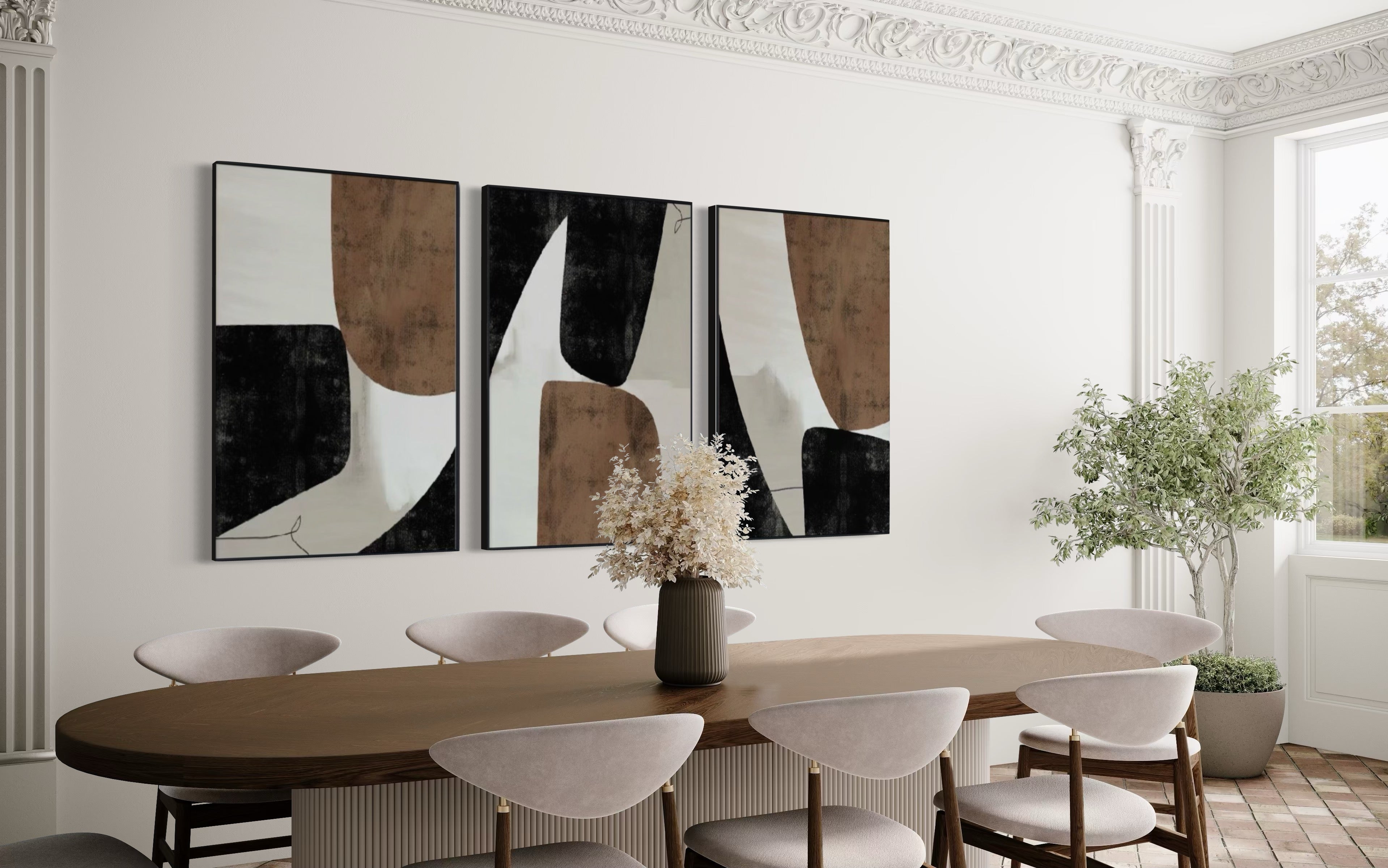 Set Cuadros Decorativos Abstracto Negro Arena 2-208 - Triptico Minimalista Estilo Nordico Arte Moderno y Elegante en Tonos Neutros