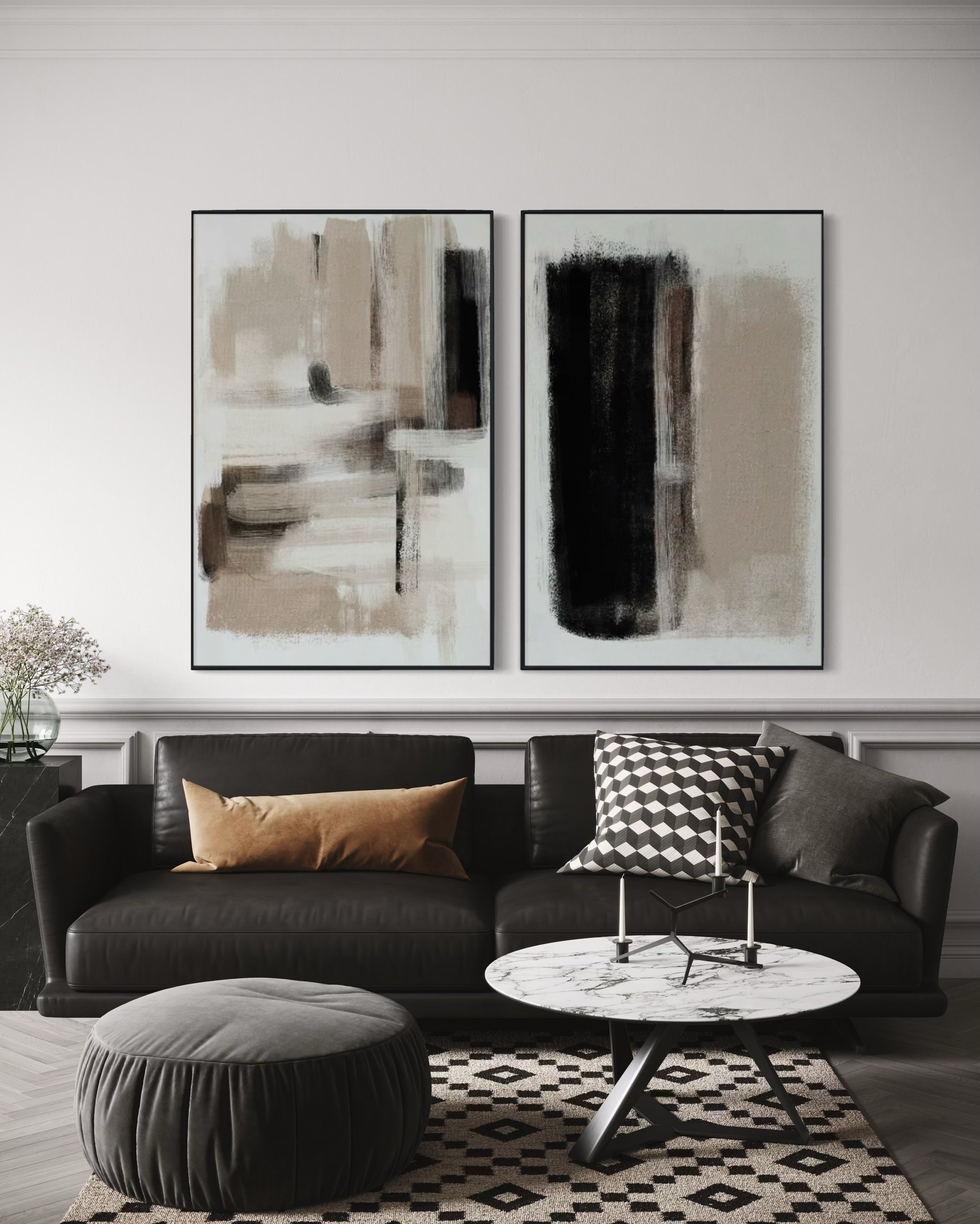 Set Cuadros Decorativos Abstracto Negro Arena 2 - 204 - Díptico Moderno y Minimalista estilo Nordico En Tonos Neutros Beige, Negro y Blanco