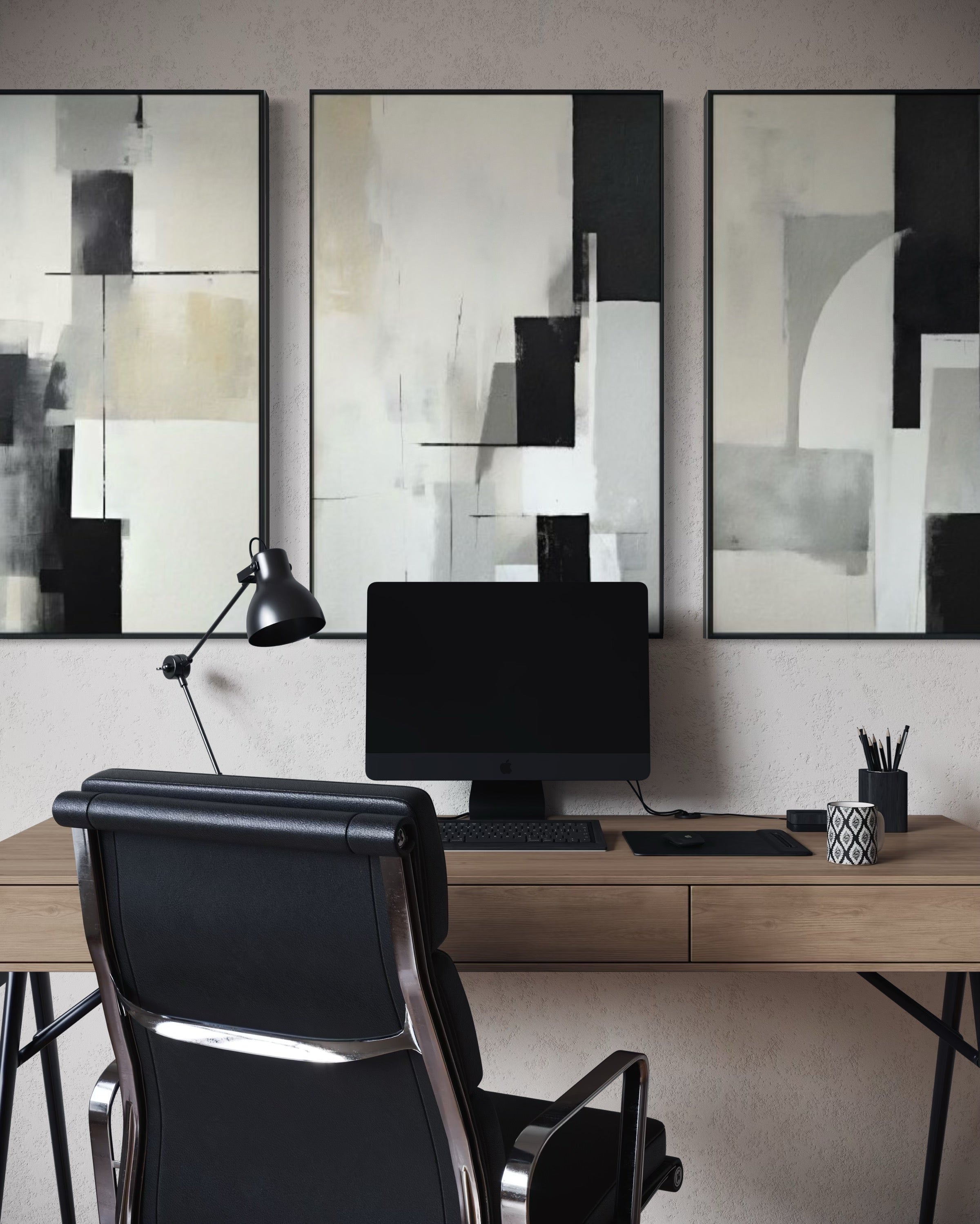 Set Cuadros Decorativos Abstracto Negro Arena 2-227 - Triptico Moderno y Elegante Arte Minimalista Estilo Nordico en Tonos Neutros