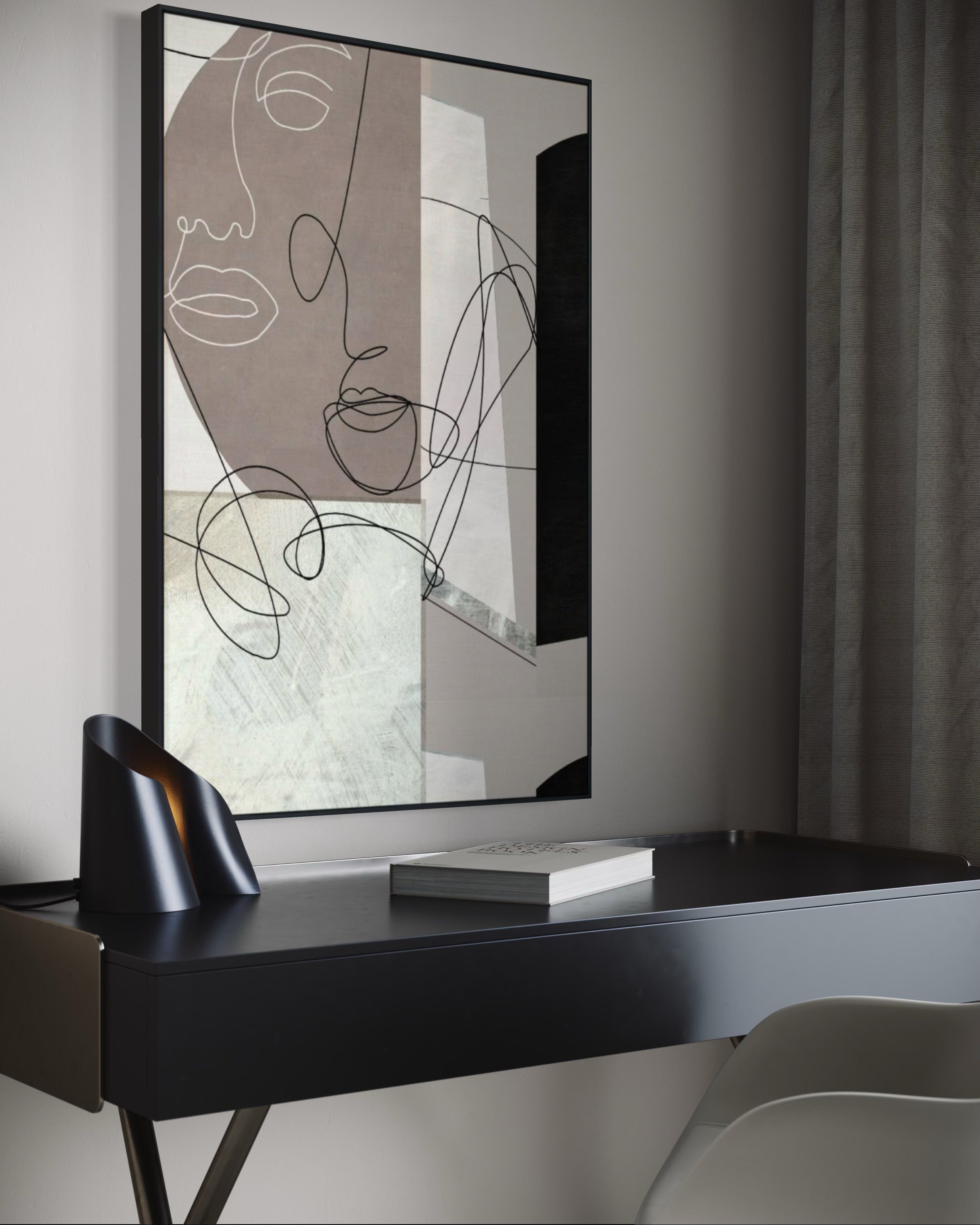 Cuadro Decorativo Abstracto Negro Arena 244 Silueta Rostros Femeninos Arte Lineal Moderno y Minimalista Nordico Tonos Neutros