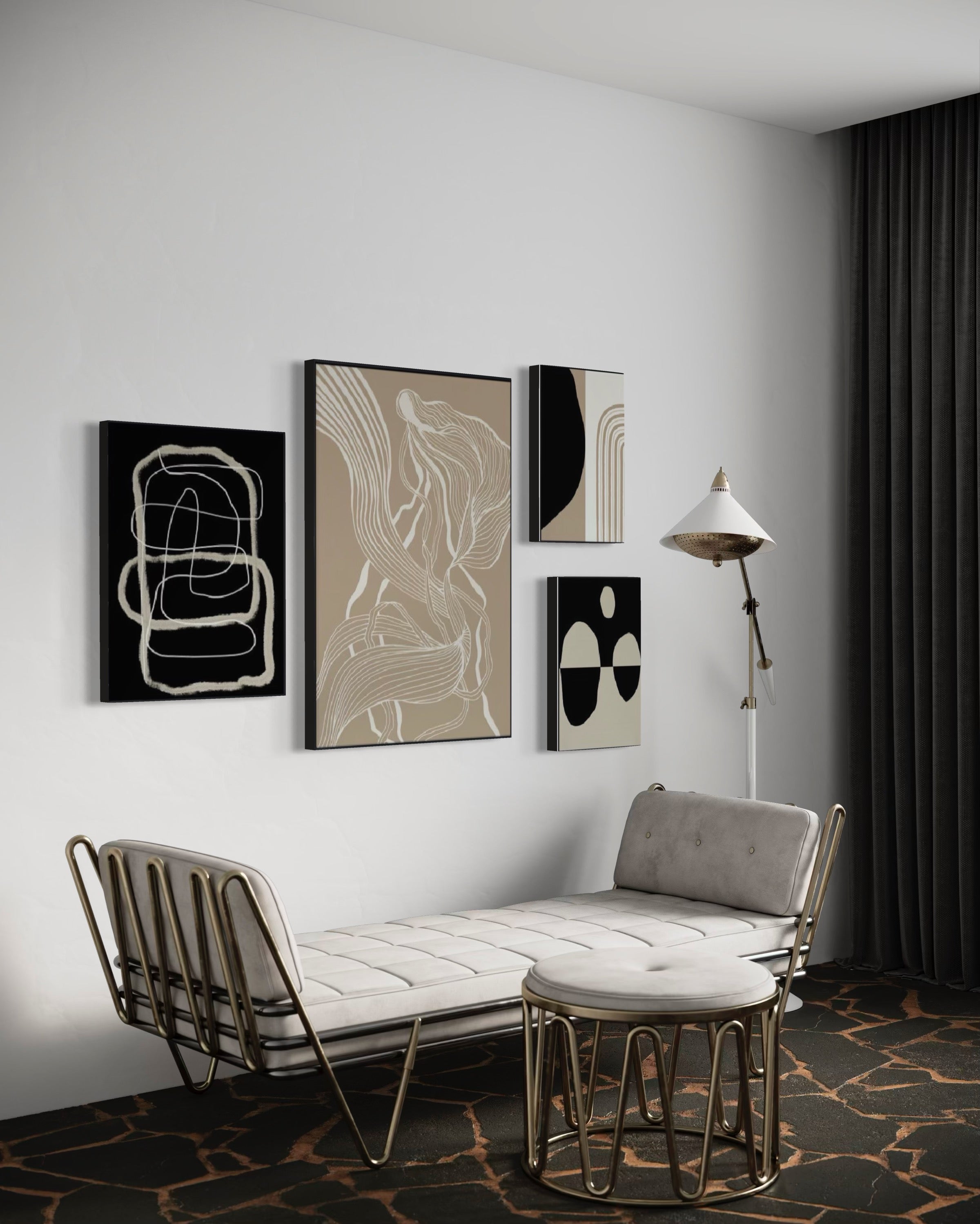 Set Cuadros Decorativos Abstracto Negro Arena 2 - 230 B - 4piezas Arte Moderno y Minimalista Estilo Nordico Tonos Neutros