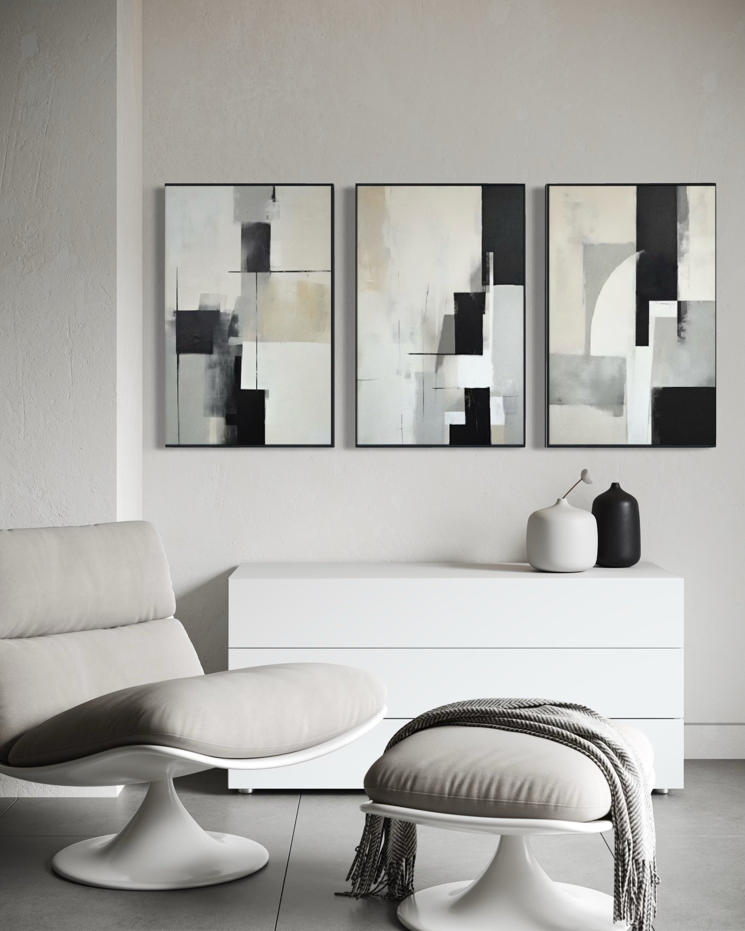 Set Cuadros Decorativos Abstracto Negro Arena 2-227 - Triptico Moderno y Elegante Arte Minimalista Estilo Nordico en Tonos Neutros