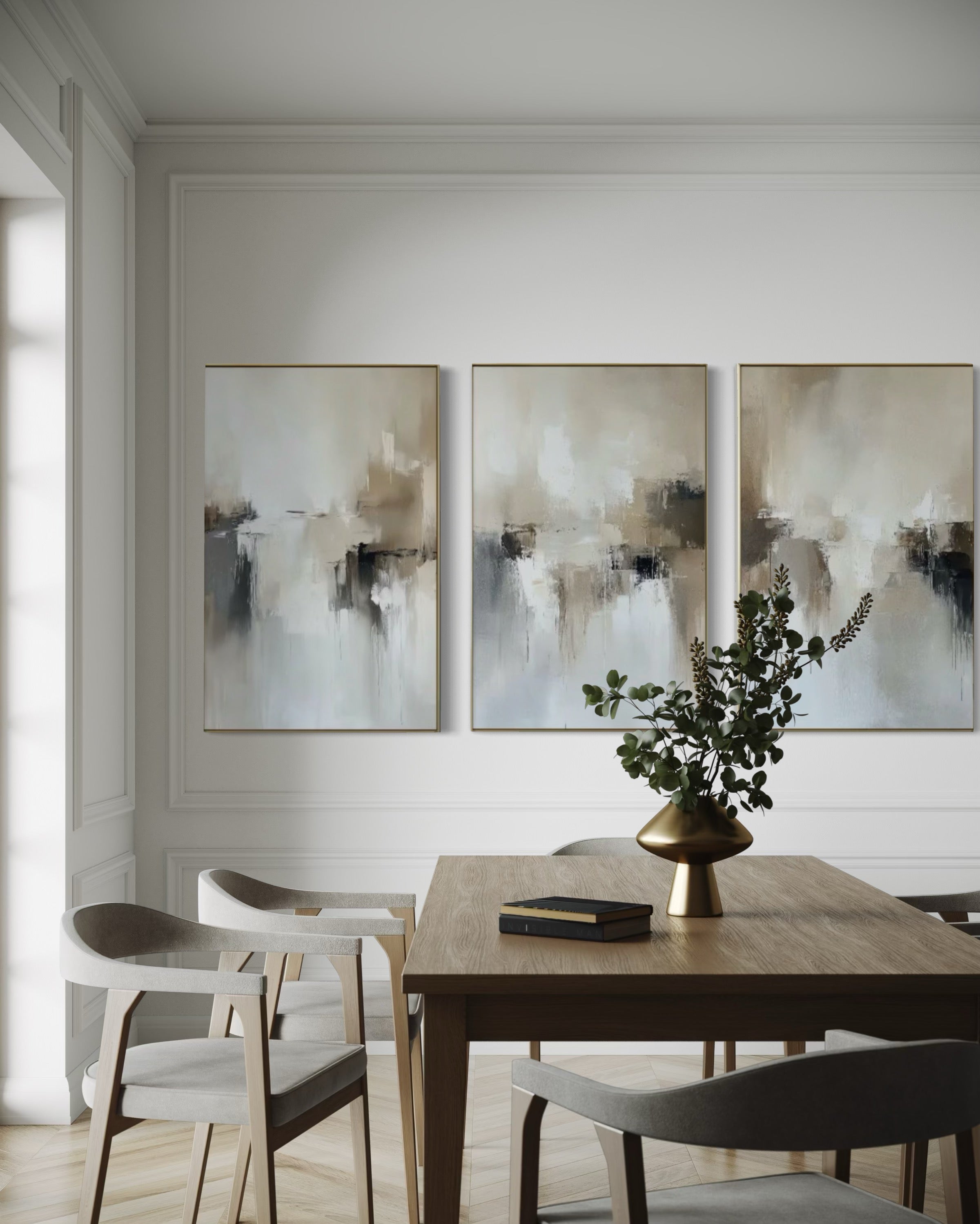 Set Cuadros Decorativos Abstracto Negro Arena 2 - 201 - Triptico Estilo Nordico Arte Moderno en Tonos Neutros