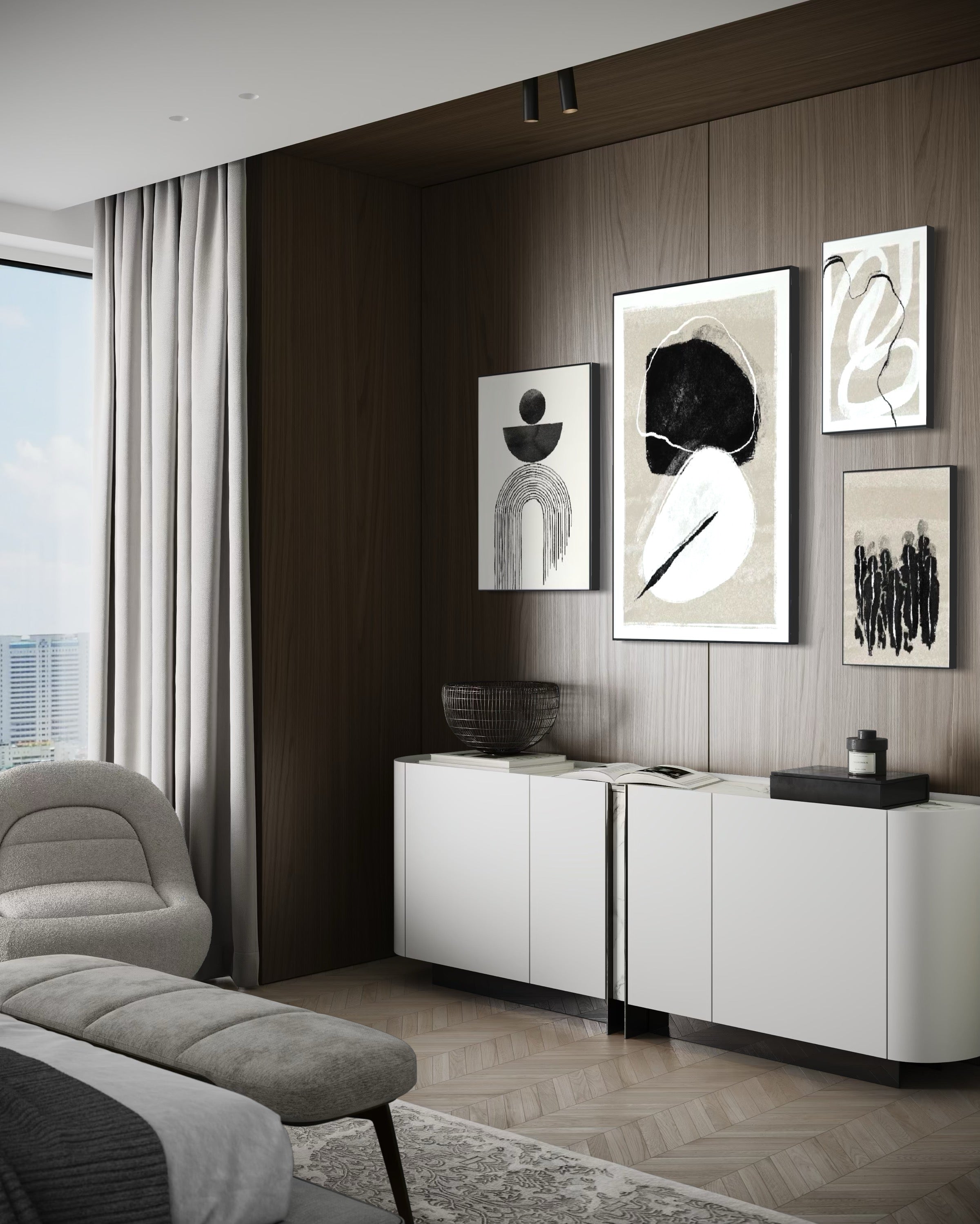 Set Cuadros Decorativos Abstracto Negro Arena 2 - 226B - 4piezas Arte Moderno y Elegante Estilo Nordico Boho en Tonos Neutros