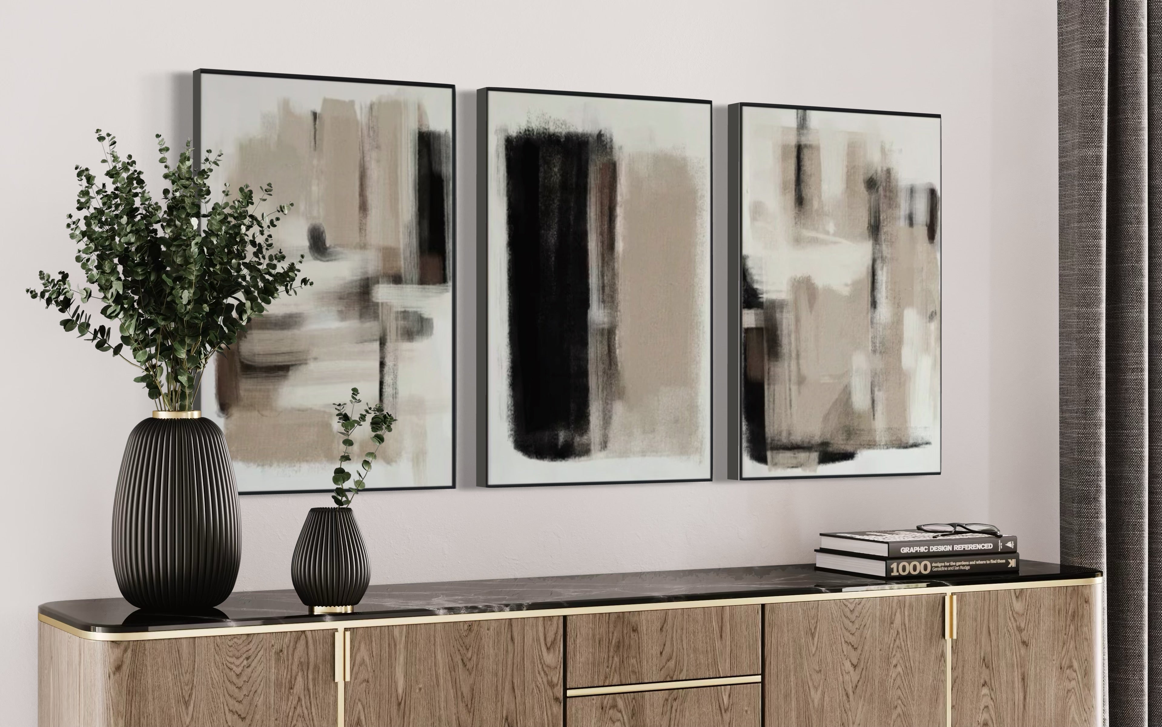 Set Cuadros Decorativos Abstracto Negro Arena 2 - 204 - Triptico Moderno Arte Minimalista estilo Nordico Boho en Tonos Neutros