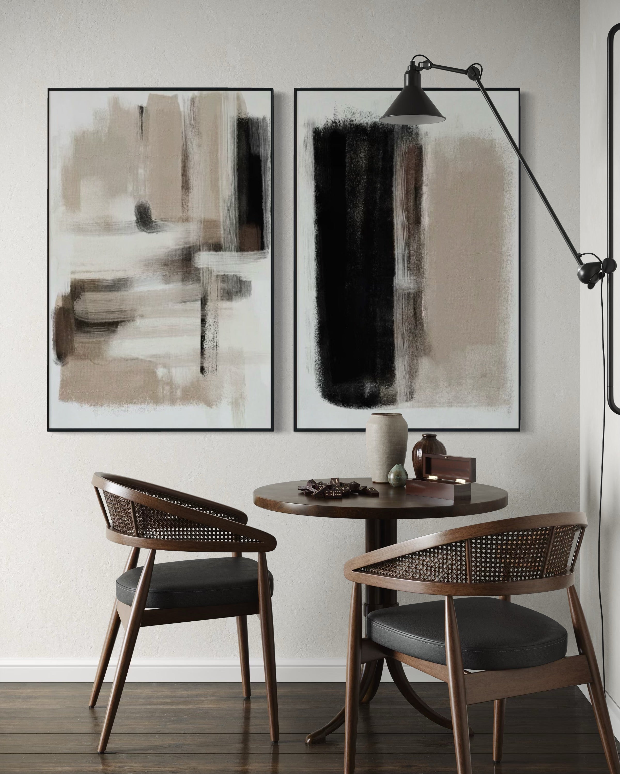 Set Cuadros Decorativos Abstracto Negro Arena 2 - 204 - Díptico Moderno y Minimalista estilo Nordico En Tonos Neutros Beige, Negro y Blanco