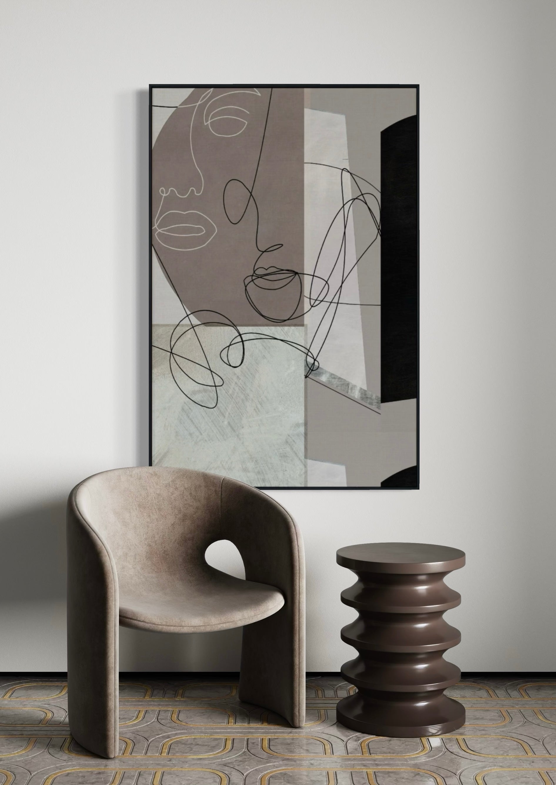 Cuadro Decorativo Abstracto Negro Arena 244 Silueta Rostros Femeninos Arte Lineal Moderno y Minimalista Nordico Tonos Neutros