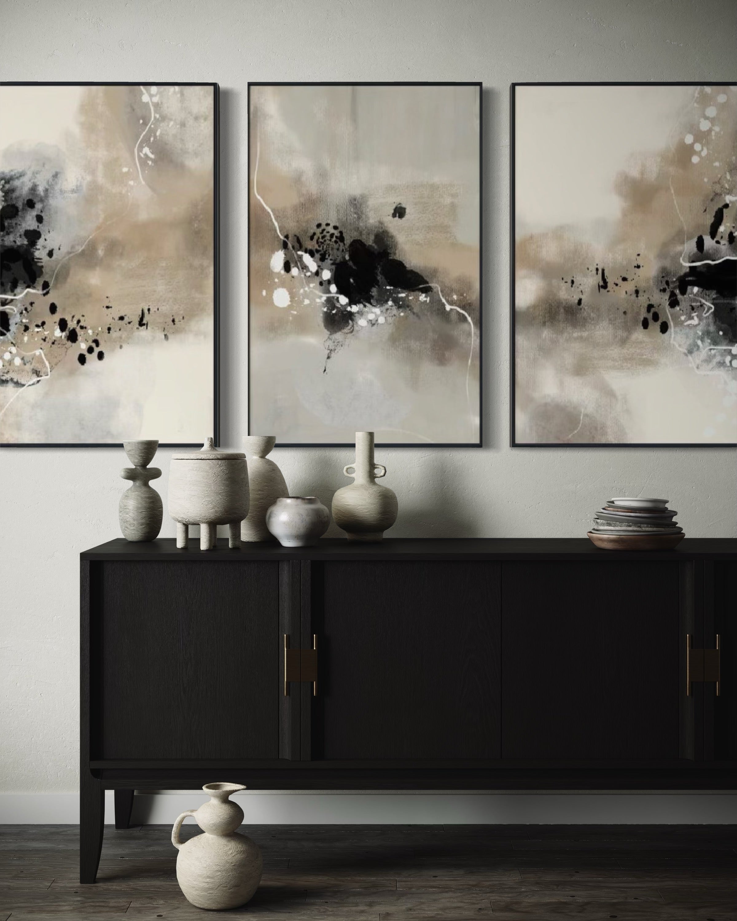 Set Cuadros Decorativos Abstracto Negro Arena 2-236- Tríptico Modernos y Elegante Estilo Boho en Tonos Neutros