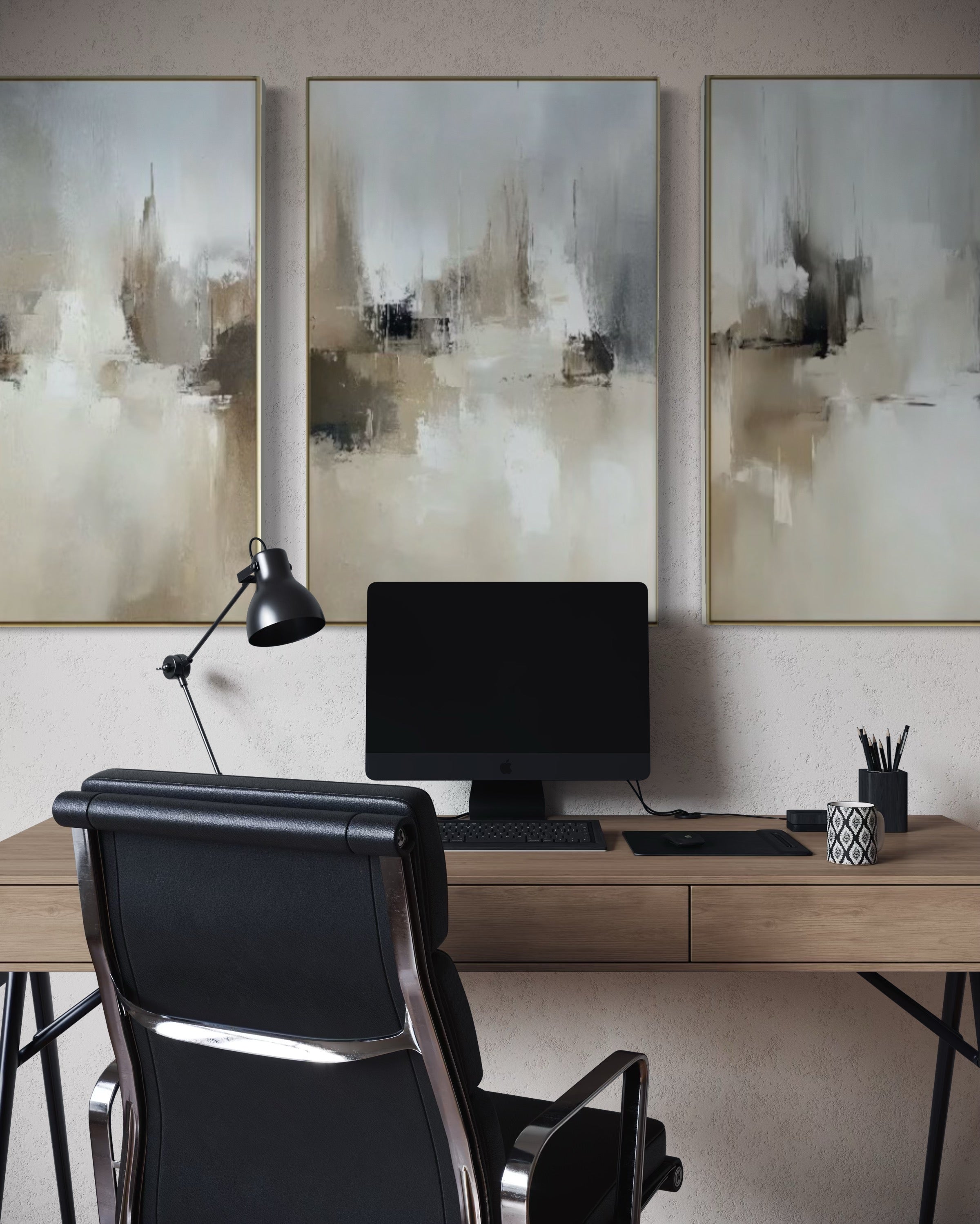 Set Cuadros Decorativos Abstracto Negro Arena 2 - 201 - Triptico Estilo Nordico Arte Moderno en Tonos Neutros