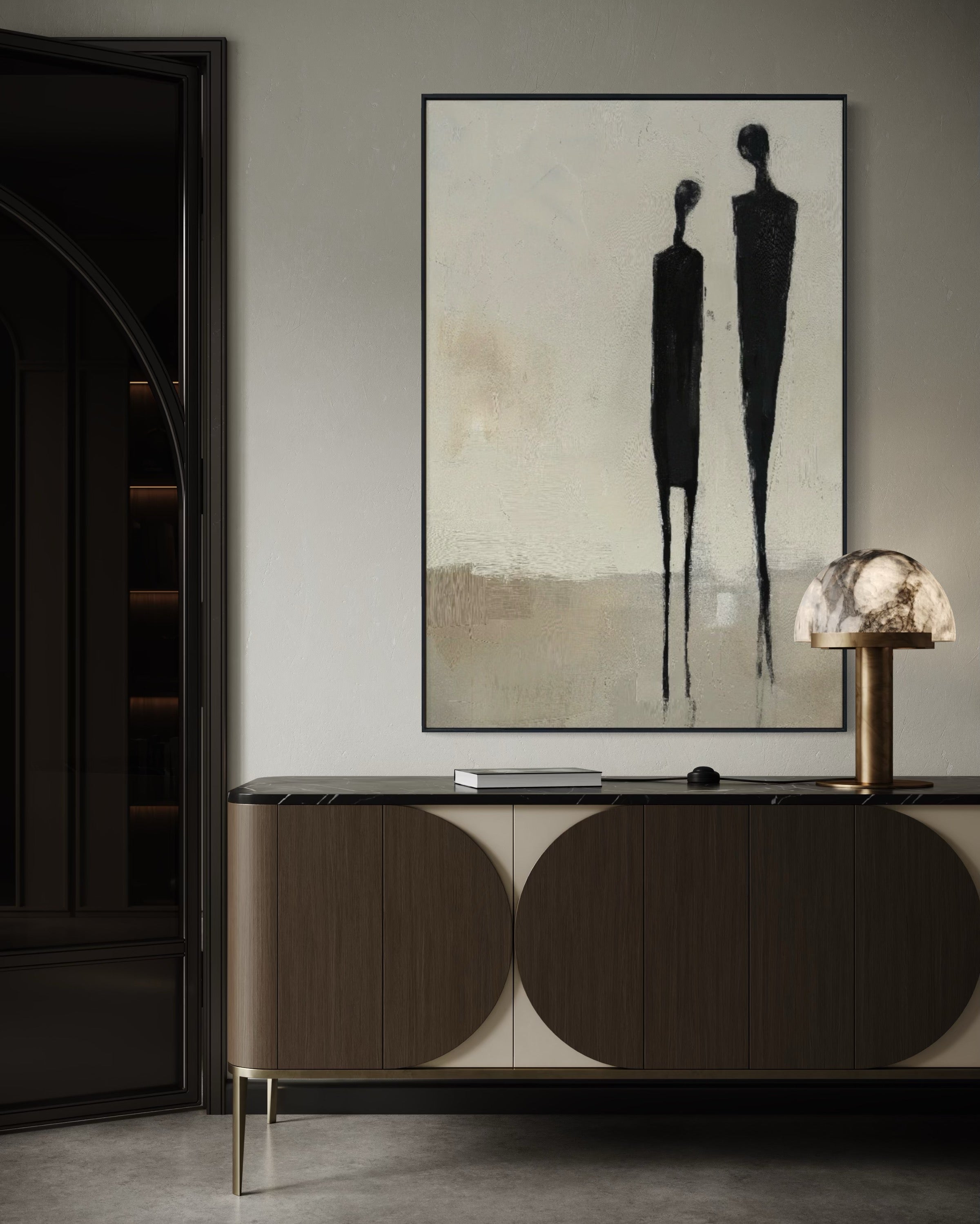 Cuadro Decorativo Abstracto Negro Arena 2- 225 Siluetas de Pareja Arte Moderno y Minimalista en Tonos Neutros