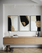 Cargar imagen en el visor de la galería, Set Cuadros Decorativos Abstracto Negro Arena 2 - 214 - Triptico Minimalista y Elegante Arte estilo Nordico en Tonos Beige, Negro, Blanco y Dorado Oro
