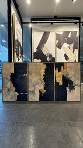 Set de 3 Cuadros Decorativos Abstract Colors 3-312 - Arte Moderno y Elegante en tono Azul, Beige y Dorado-Triptico