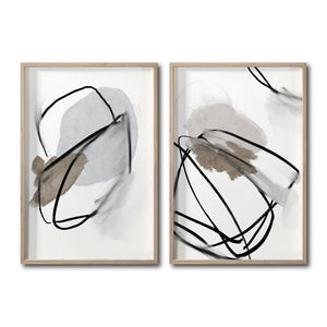 Set  2 Cuadros Decorativos Abstracto Negro Arena 002 - Arte Lineal Estilo Boho Minimalista